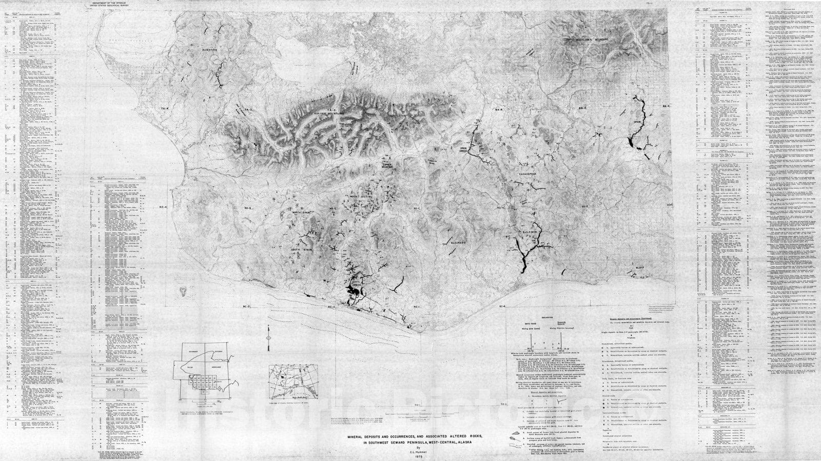 Map : Mineral deposits and occurrences, and associated altered rocks, in southwest Seward Peninsula, west-central Alaska, 1975 Cartography Wall Art :