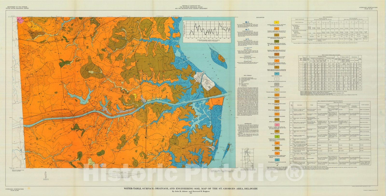 Map : Water-table, surface-drainage, and engineering soils map of the St. Georges area, Delaware, 1963 Cartography Wall Art :