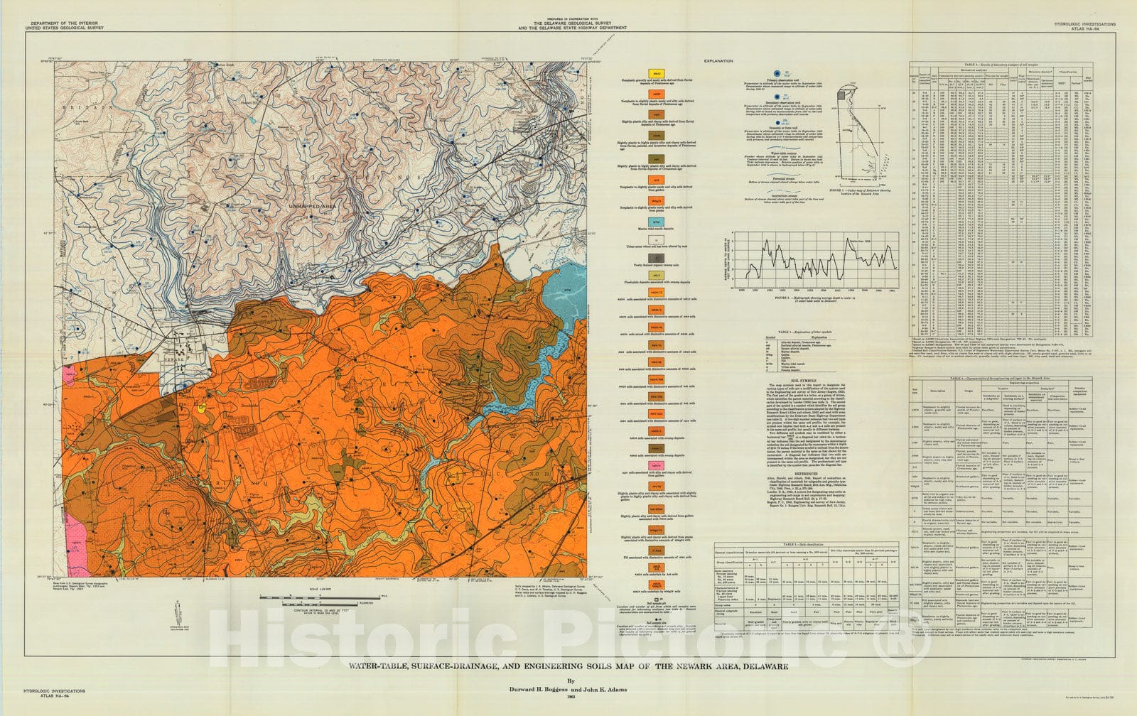 Map : Water-table, surface-drainage, and engineering soils map of the Newark area, Delaware, 1963 Cartography Wall Art :
