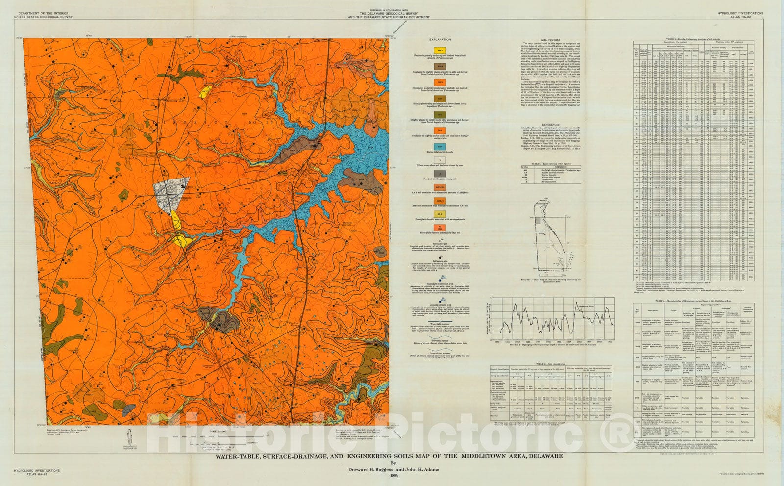 Map : Water-table, surface-drainage, and engineering soils map of the Middletown area, Delaware, 1964 Cartography Wall Art :