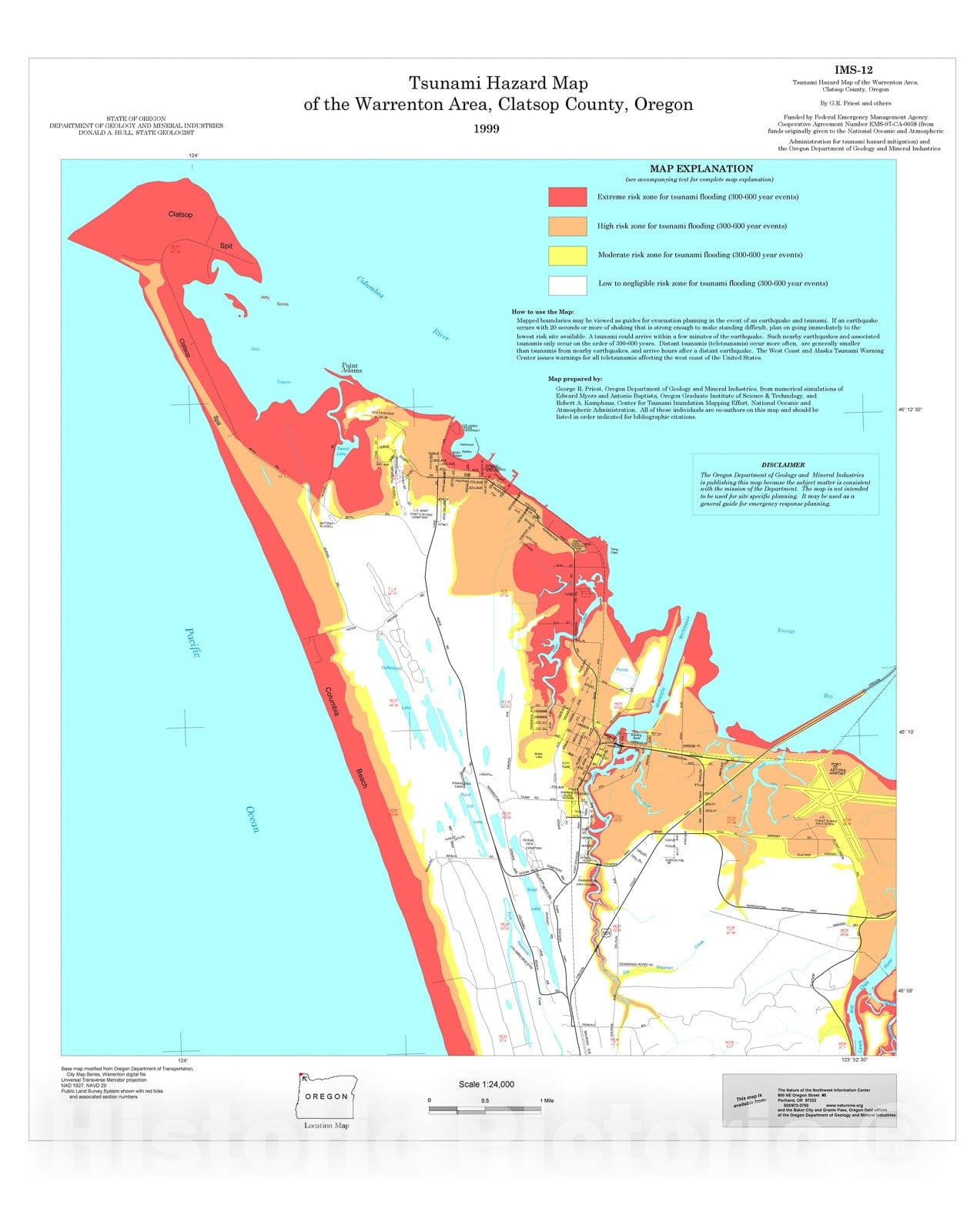 Map : Tsunami hazard map of the Warrenton area, Clatsop County, Oregon, 1999 Cartography Wall Art :