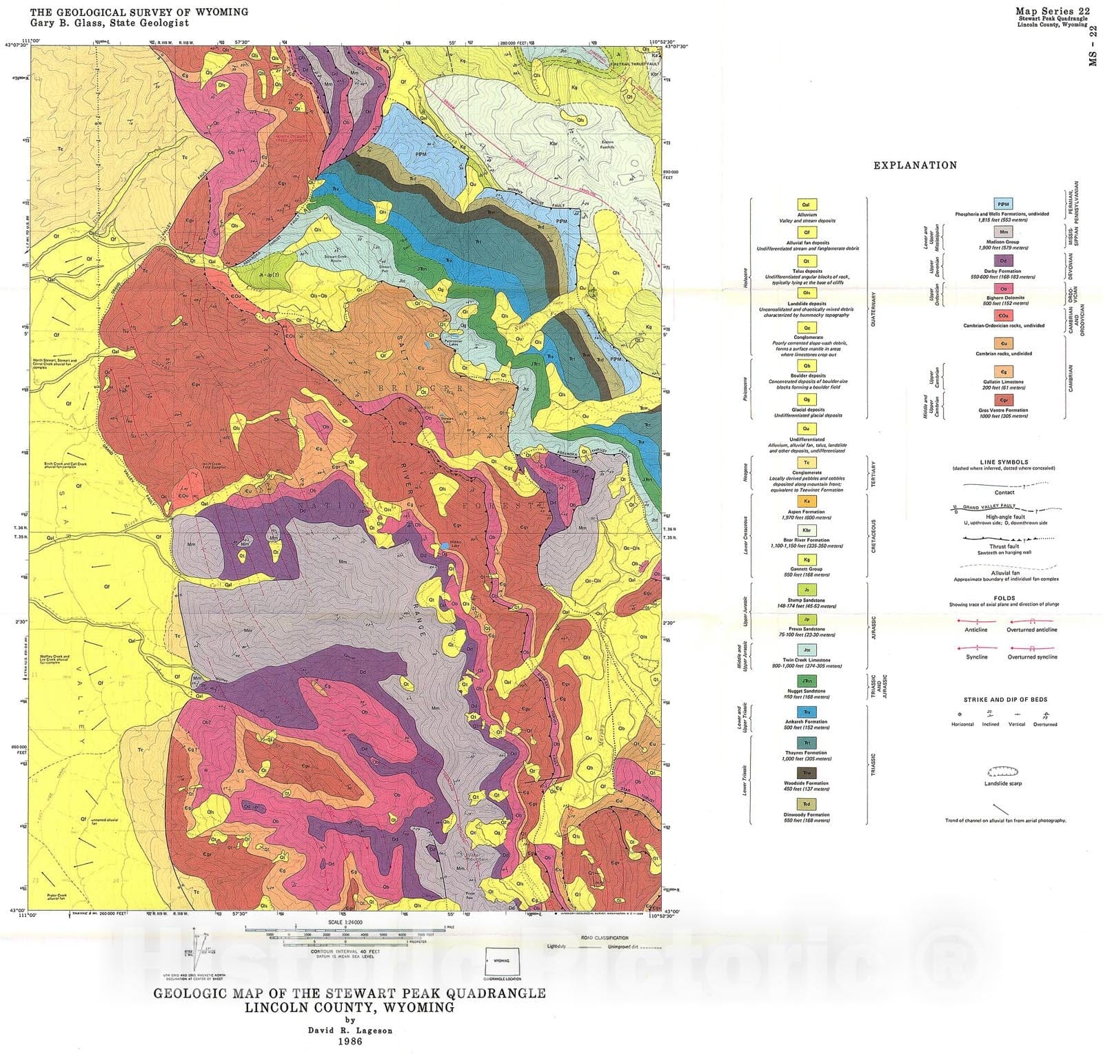 Map : Geologic map of the Stewart Peak Quadrangle, Lincoln County, Wyoming, 1986 Cartography Wall Art :