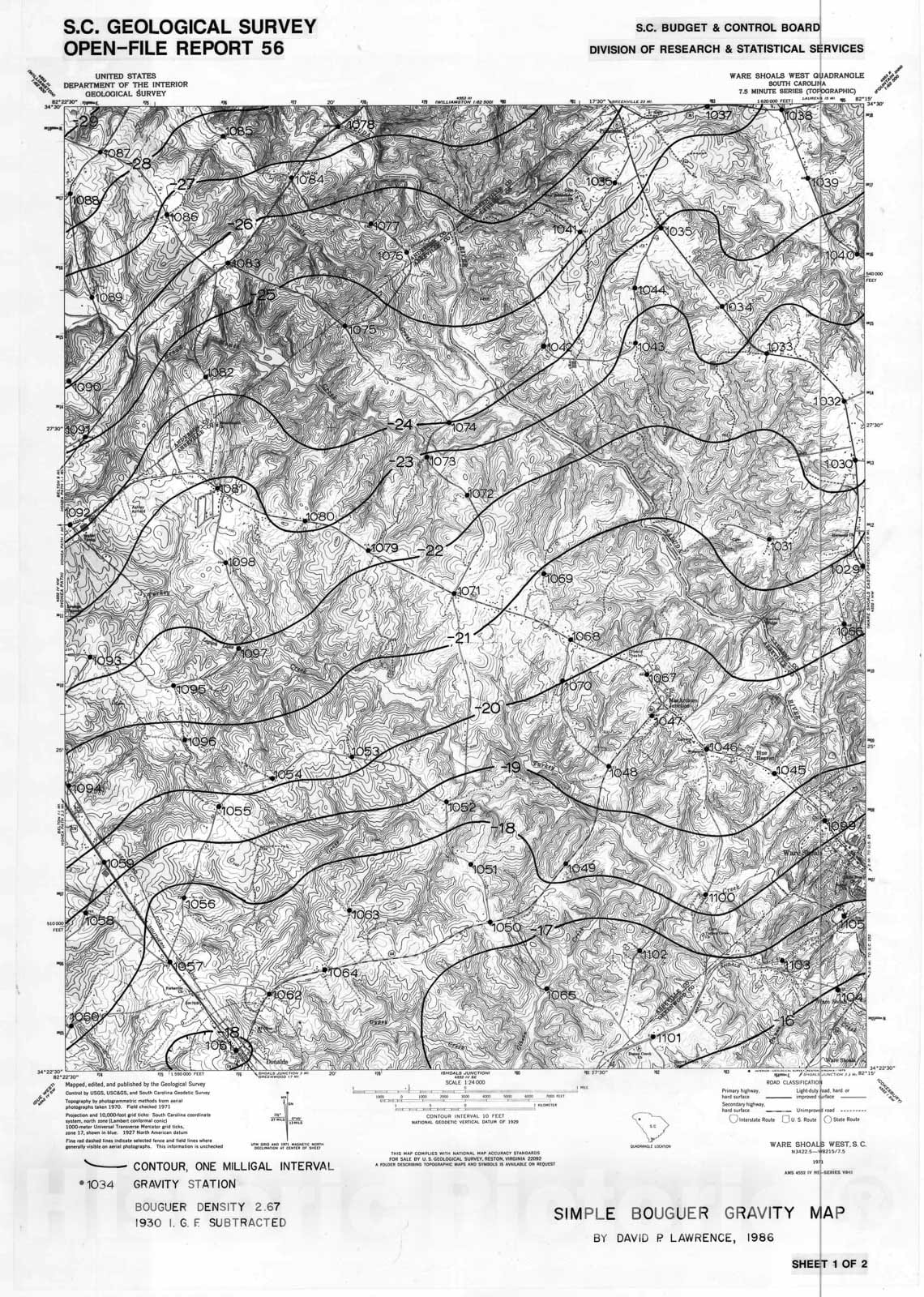 Map : Bouguer gravity maps of Ware Shoals East and Ware Shoals West 7.5 minute quadrangles, 1986 Cartography Wall Art :