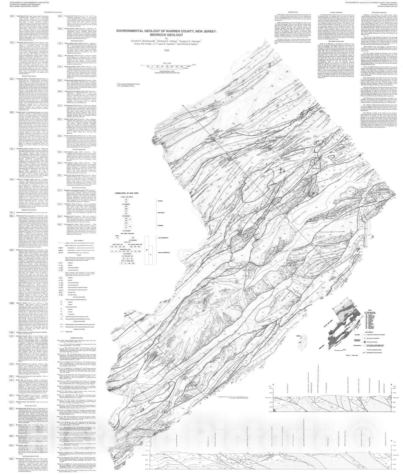 Map : Environmental Geology of Warren County, New Jersey:  Bedrock Geology, 1994 Cartography Wall Art :