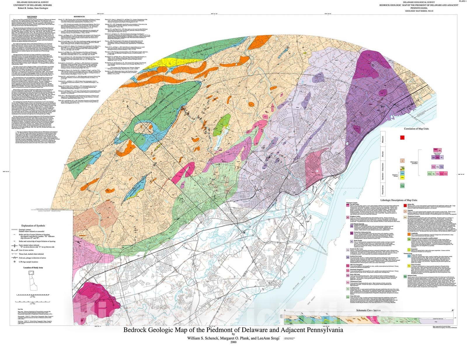 Map : Geologic map of the Piedmont of Delaware and adjacent Pennsylvania, 2000 Cartography Wall Art :