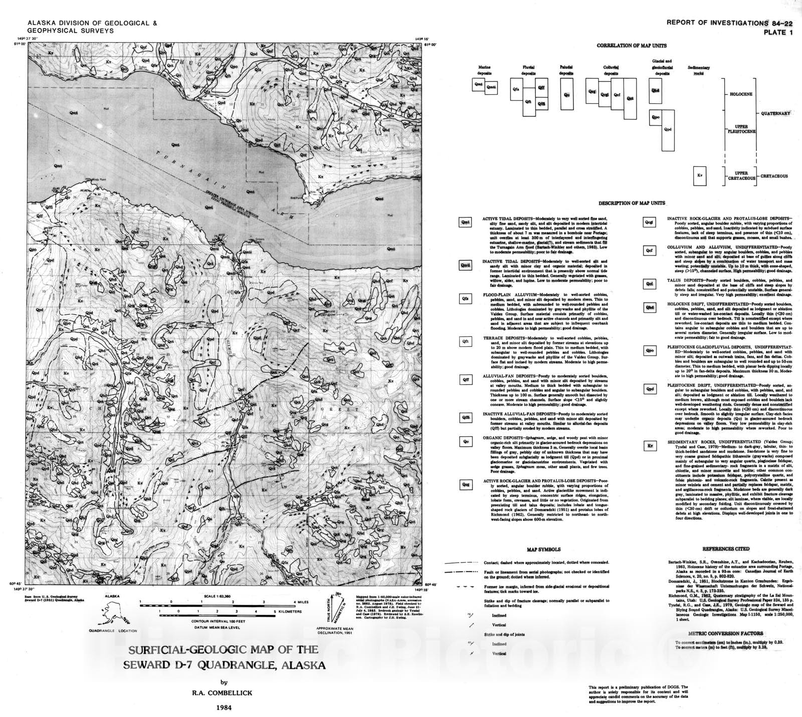 Map : Surficial geologic map of the Seward D-7 Quadrangle, 1984 Cartography Wall Art :