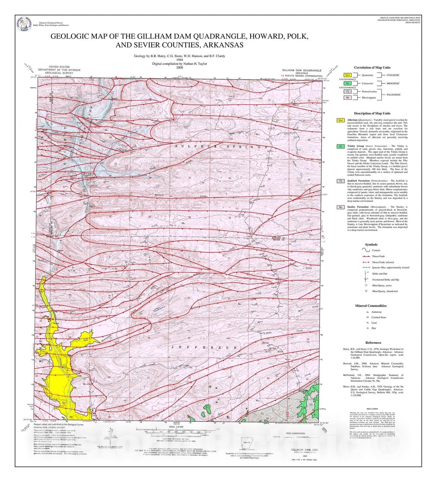 Map : Geologic Map of the Gillham Dam Quadrangle, Polk, Howard, and Sevier Counties, Arkansas, 2008 Cartography Wall Art :
