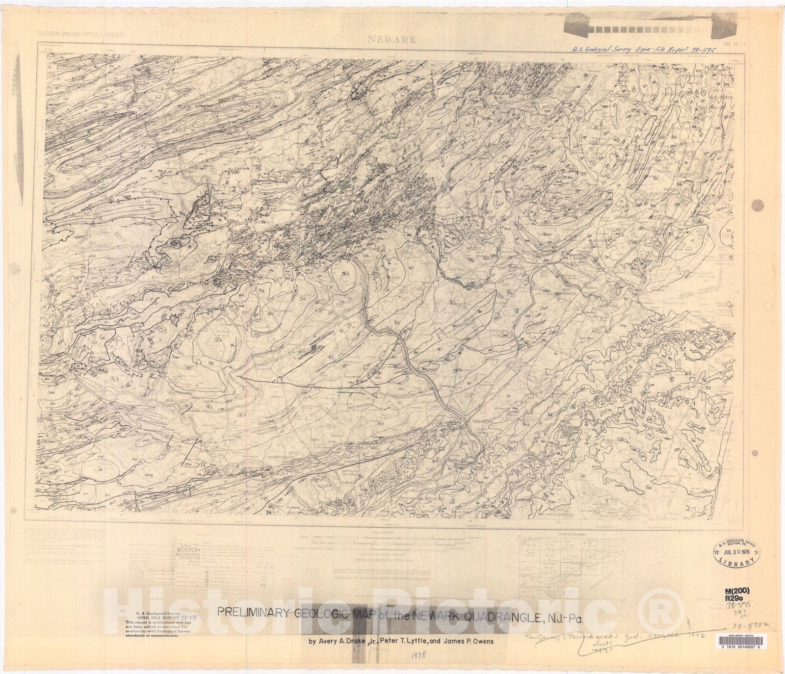 Map : Preliminary geologic map of the Newark quadrangle, New Jersey and Pennsylvania, 1978 Cartography Wall Art :