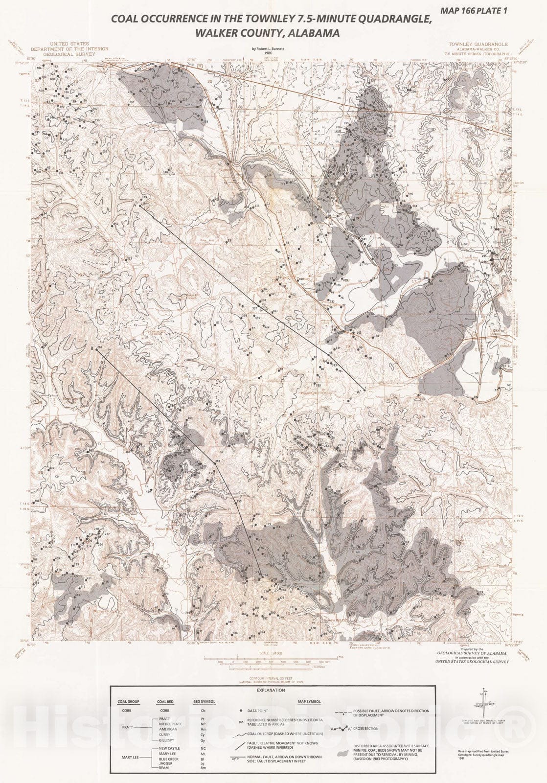 Map : Coal occurrence and general geology in the Townley 7.5-minute quadrangle, Walker County, Alabama, 1986 Cartography Wall Art :