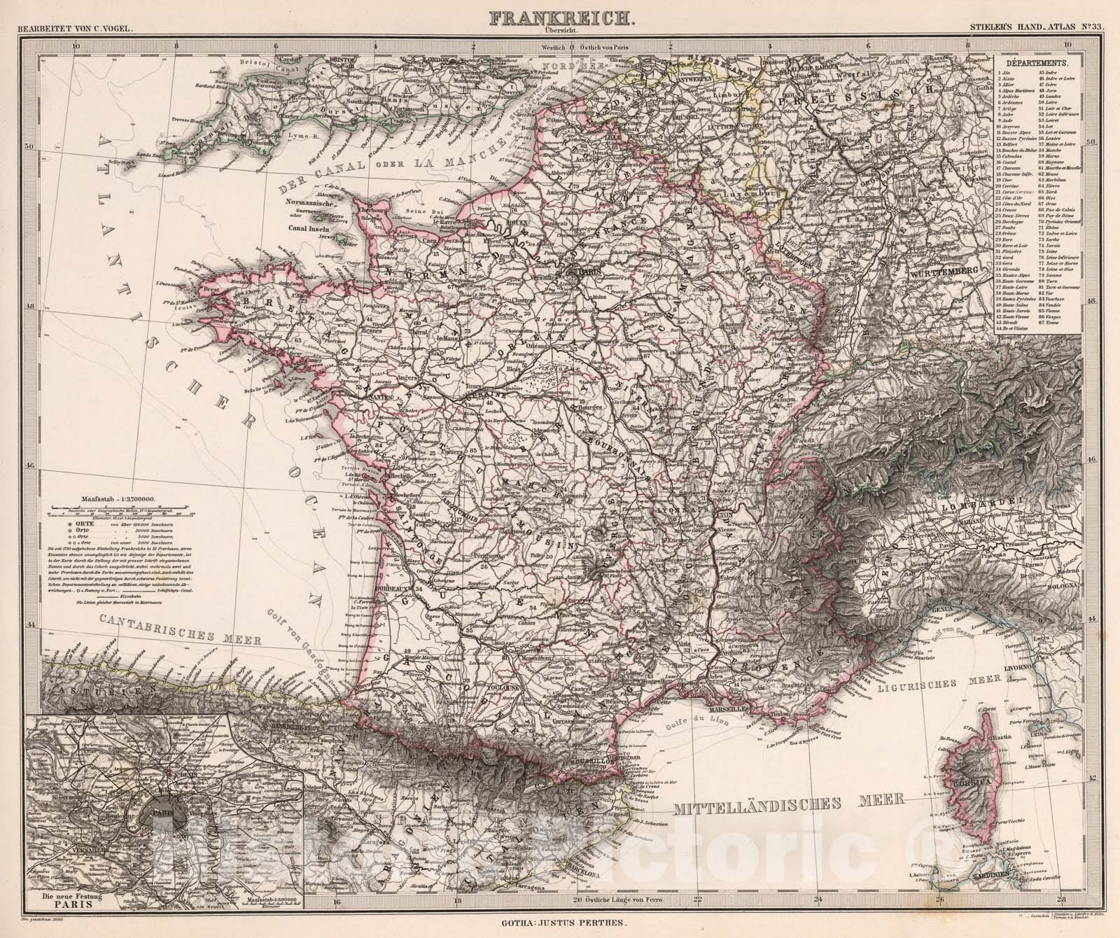 Historic Map : Frankreich (France)., 1880, Vintage Wall Art