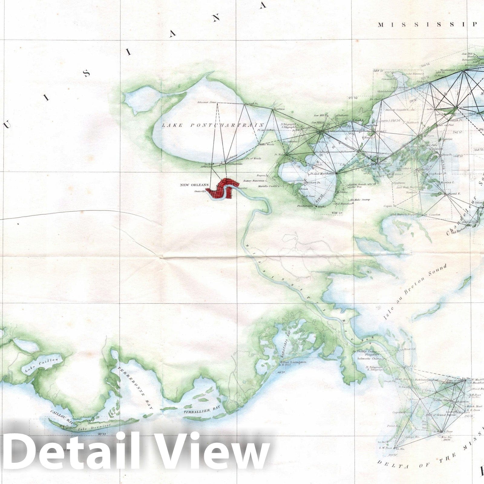 Historic Map : The Louisiana & Mississippi Coast around New Orleans, U.S.C.S., 1857, Vintage Wall Art