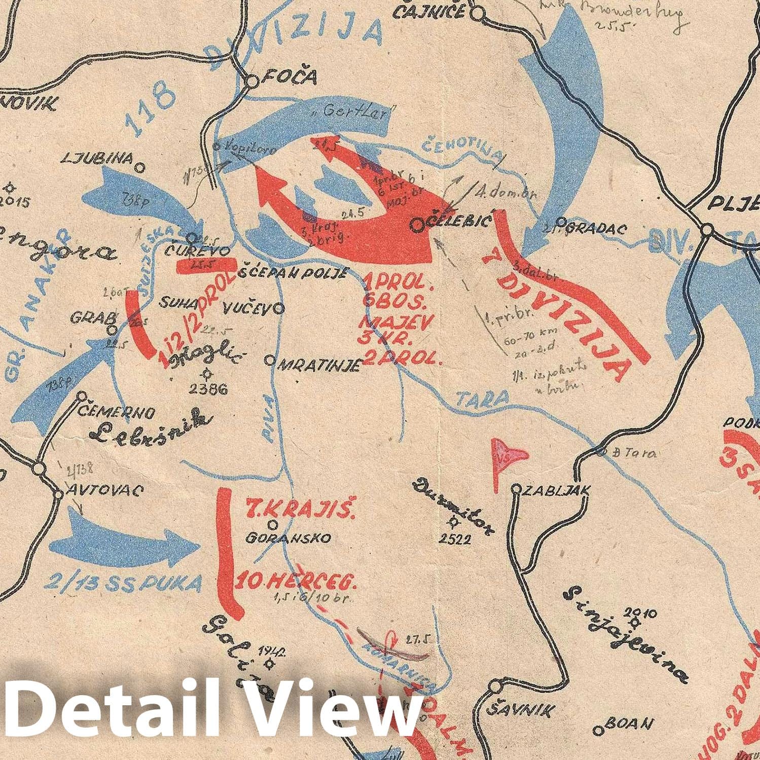 Historic Map : of The Fifth Enemy Offensive During World War II, Serbian Battle, 1950, Vintage Wall Art