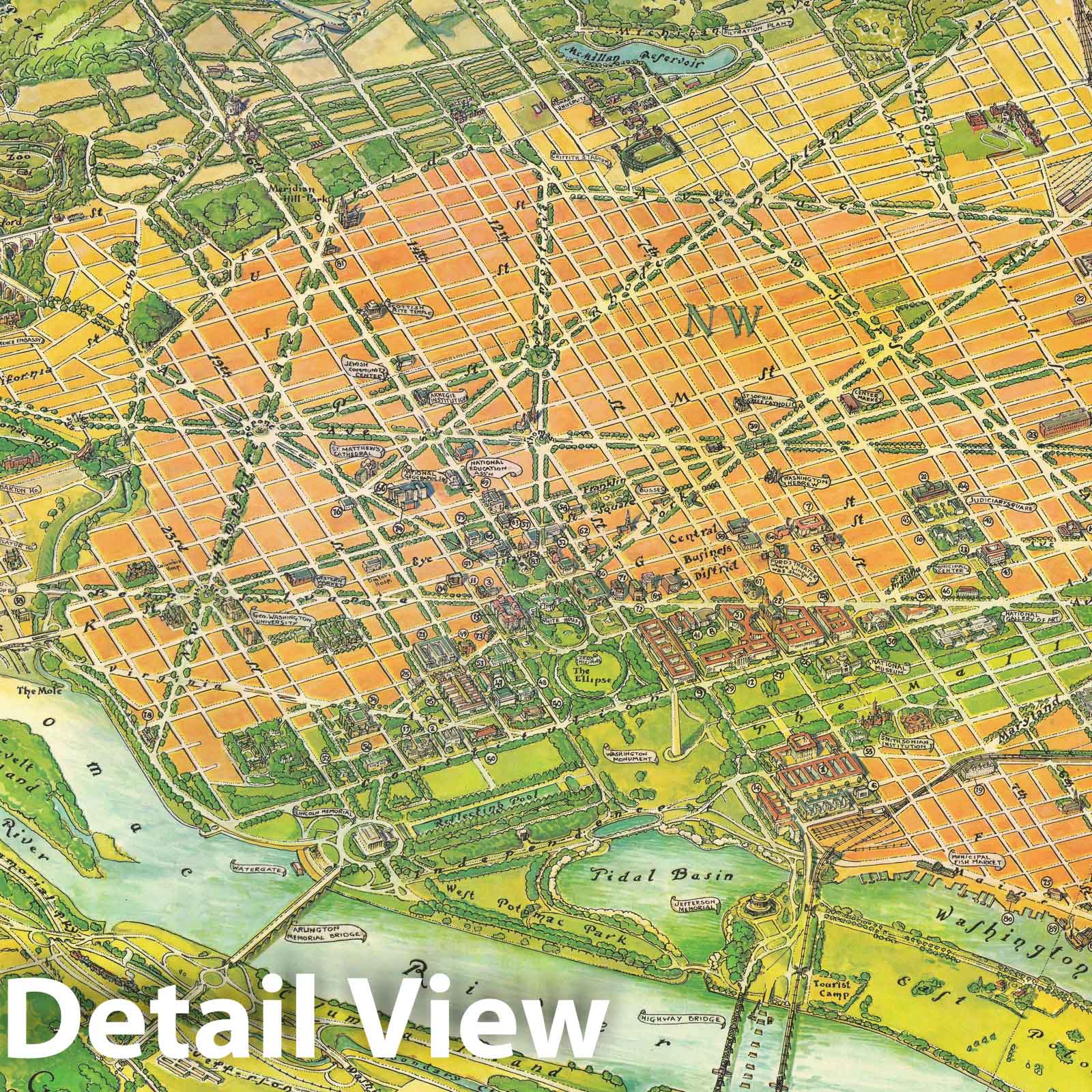 Historic Map : Bird's Eye View Washington, D.C., Wilson, 1949, Vintage Wall Art