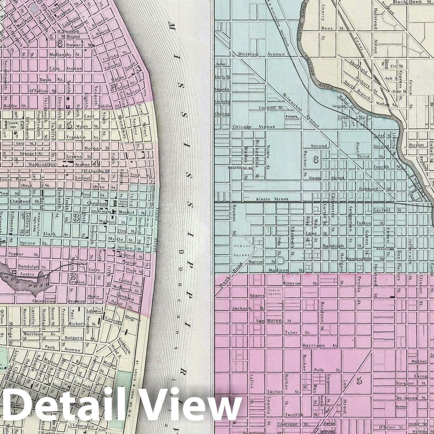 Historic Map : Plan of Chicago, Illinois and St. Louis, Missouri, Colton, 1856, Vintage Wall Art