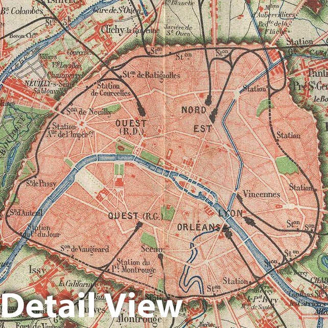 Historic Map : Erhard Map of Paris and Vicinity, France, 1870, Vintage Wall Art