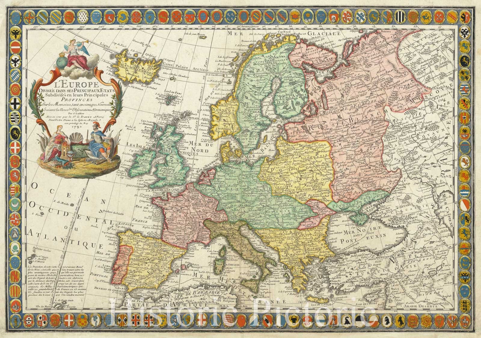 Historic Map : L'Europe divisee dans se principaux etats subdivise's en leurs principales provinces,  1730, Vintage Wall Art
