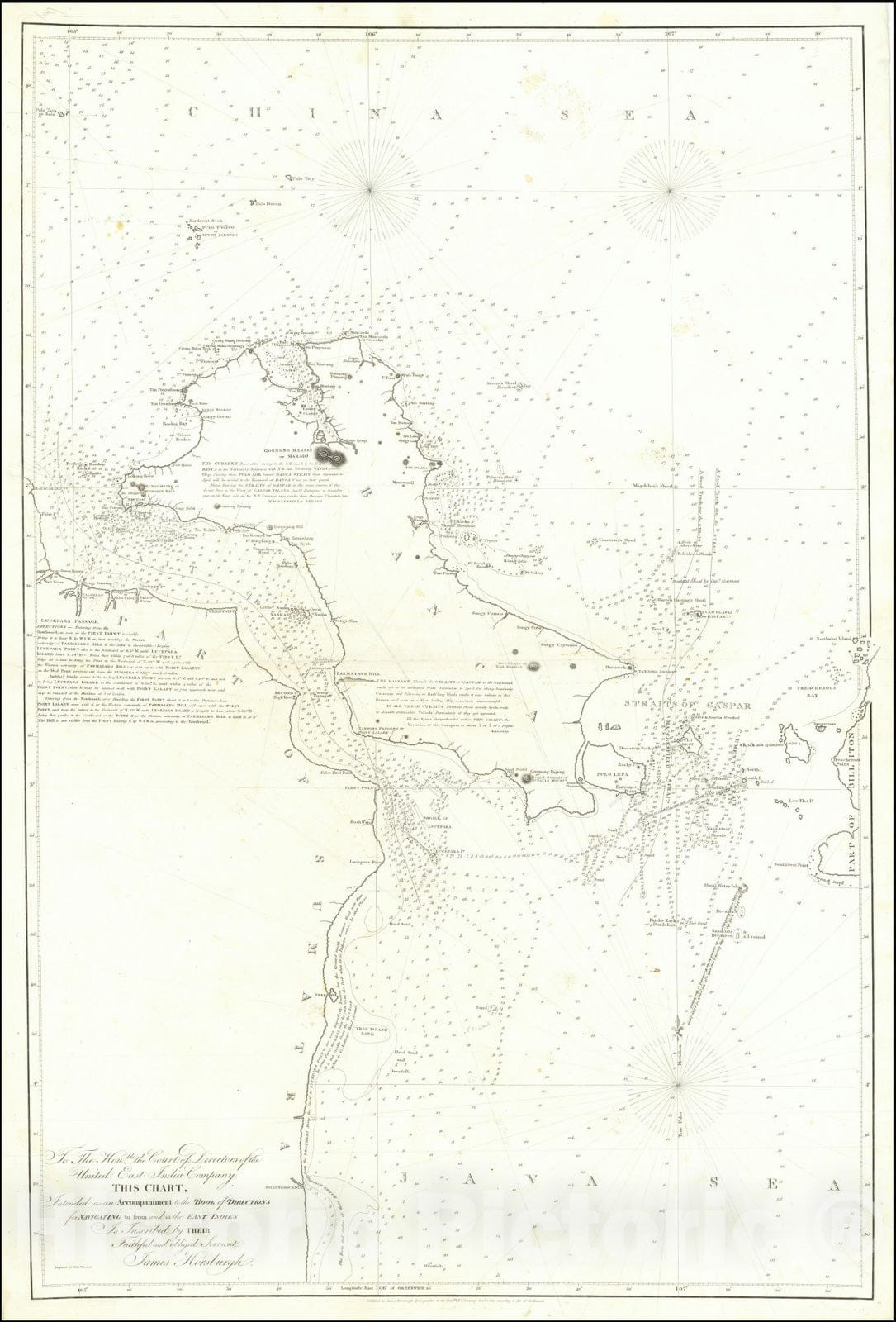 Historic Map : Gaspar and Banca Straits, 1819, Vintage Wall Art