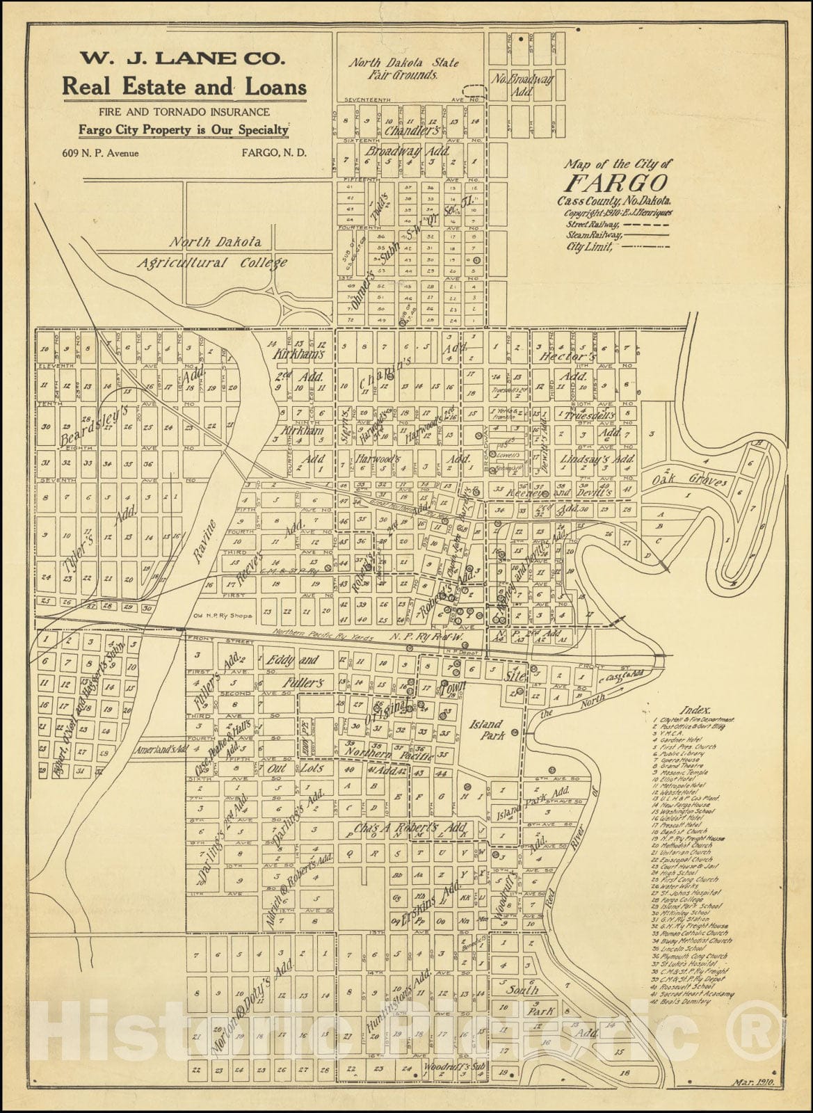 Historic Map : City of Fargo Cass County, No. Dakota, 1910, Vintage Wall Art