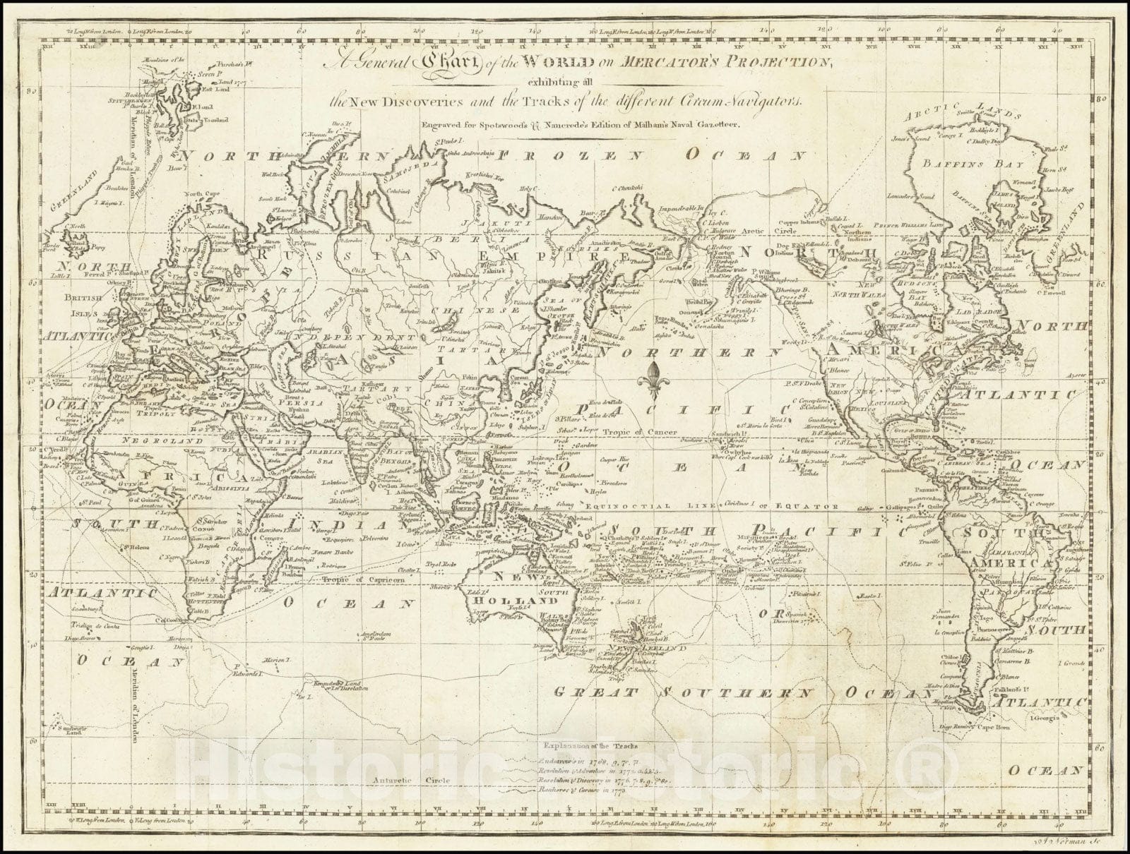 Historic Map : A General Chart of the World on Mercator's Projection, exhibiting all the New Discoveries and the Tracks of the different Circum-Navigators., 1797, Vintage Wall Art