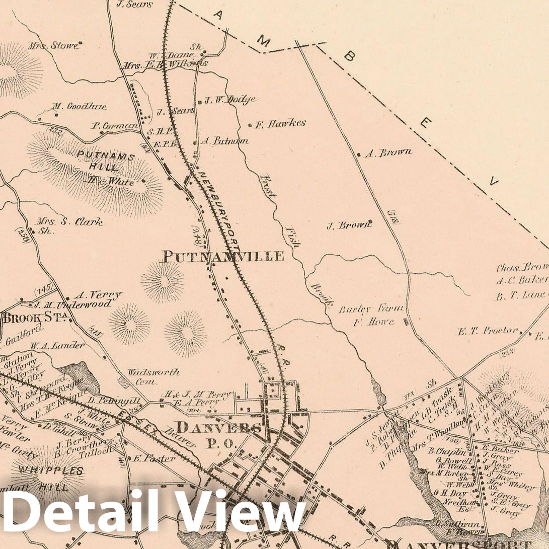 Historic Map : Atlas of Essex County Massachusetts, Danvers 1872 , v2, Vintage Wall Art