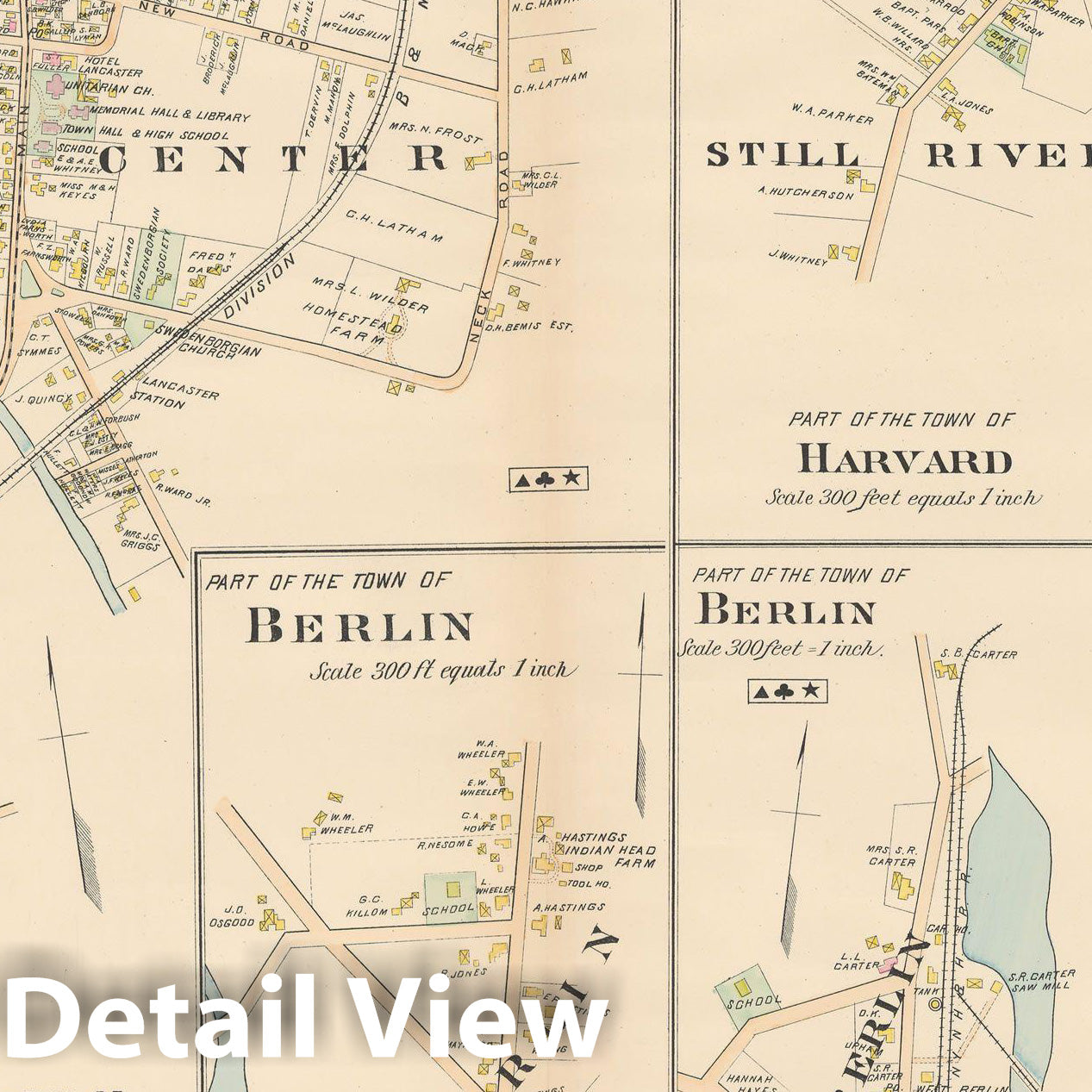 Historic Map : New Topo Atlas County of Worcester, Berlin & Harvard & Lancaster 1898 Plate 036 , Vintage Wall Art