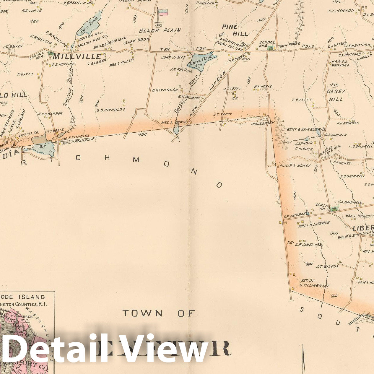 Historic Map : Atlas of Southern Rhode Island, Exeter 1895 , Vintage Wall Art