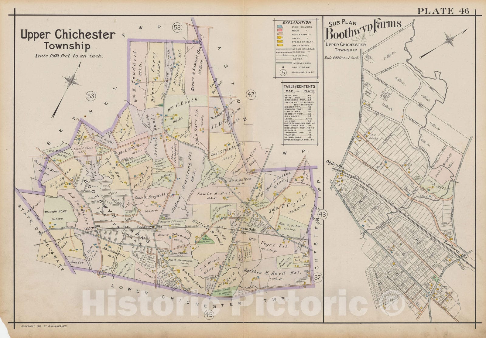 Historic Map : Atlas of Delaware County, West of Ridley Creek, Vol. Two, Upper Chichester 1913 Plate 046 , Vintage Wall Art