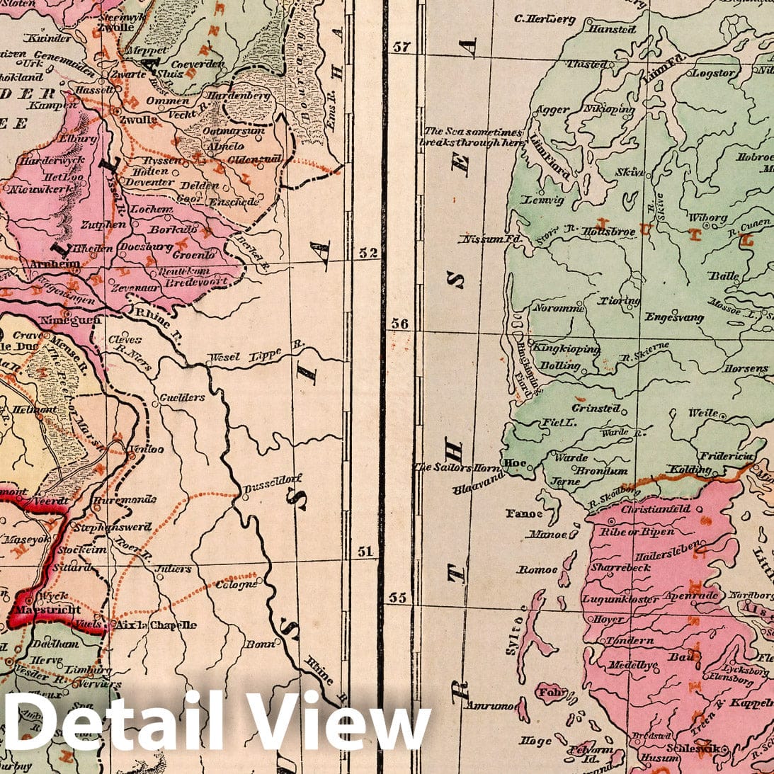 Historic Map : World Atlas Map, Holland and Belgium. Denmark. 1856 - Vintage Wall Art