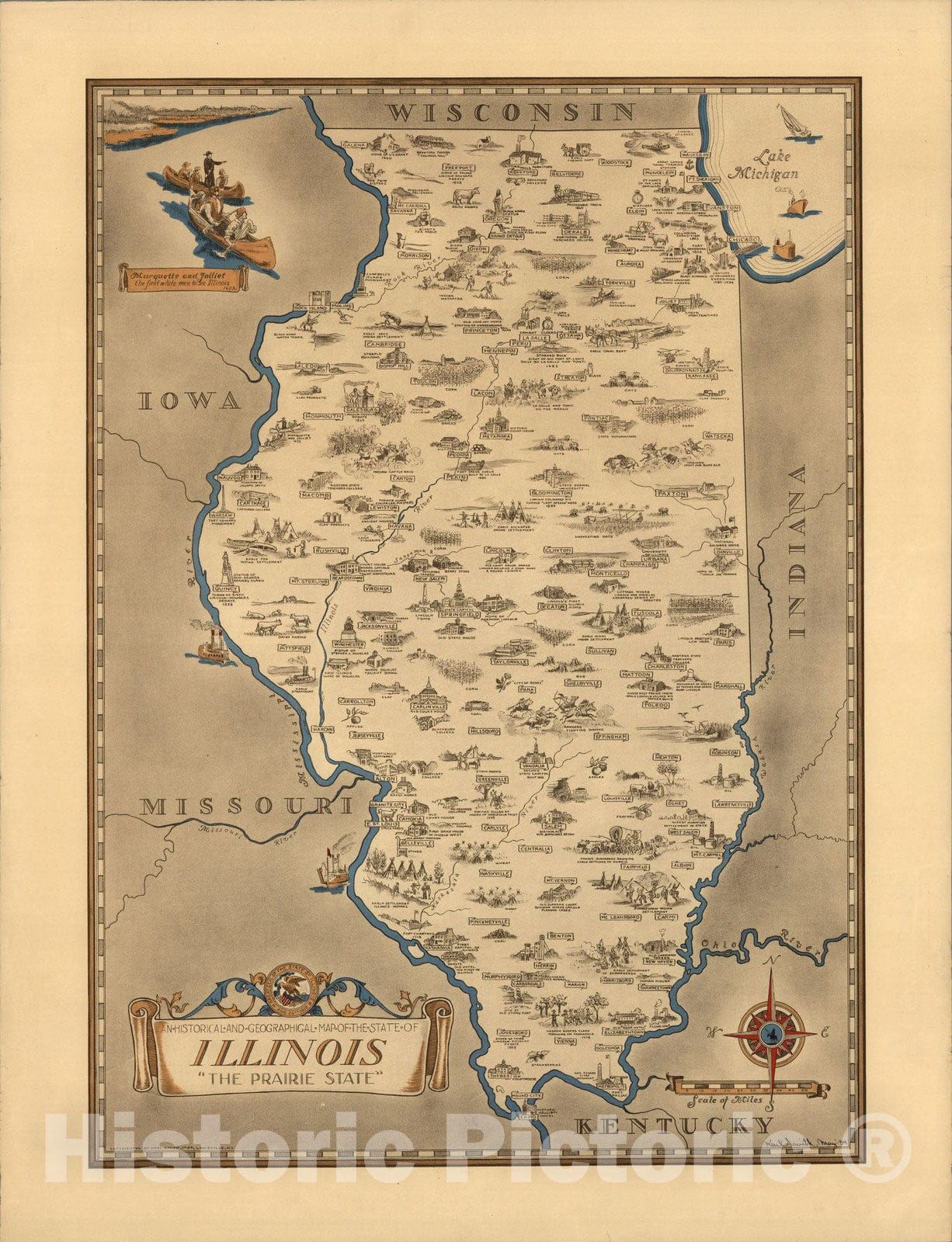 Historic Map : An Historical and Geographical Map of the State of Illinois The Prairie State, 1934, Karl Smith, Vintage Wall Art
