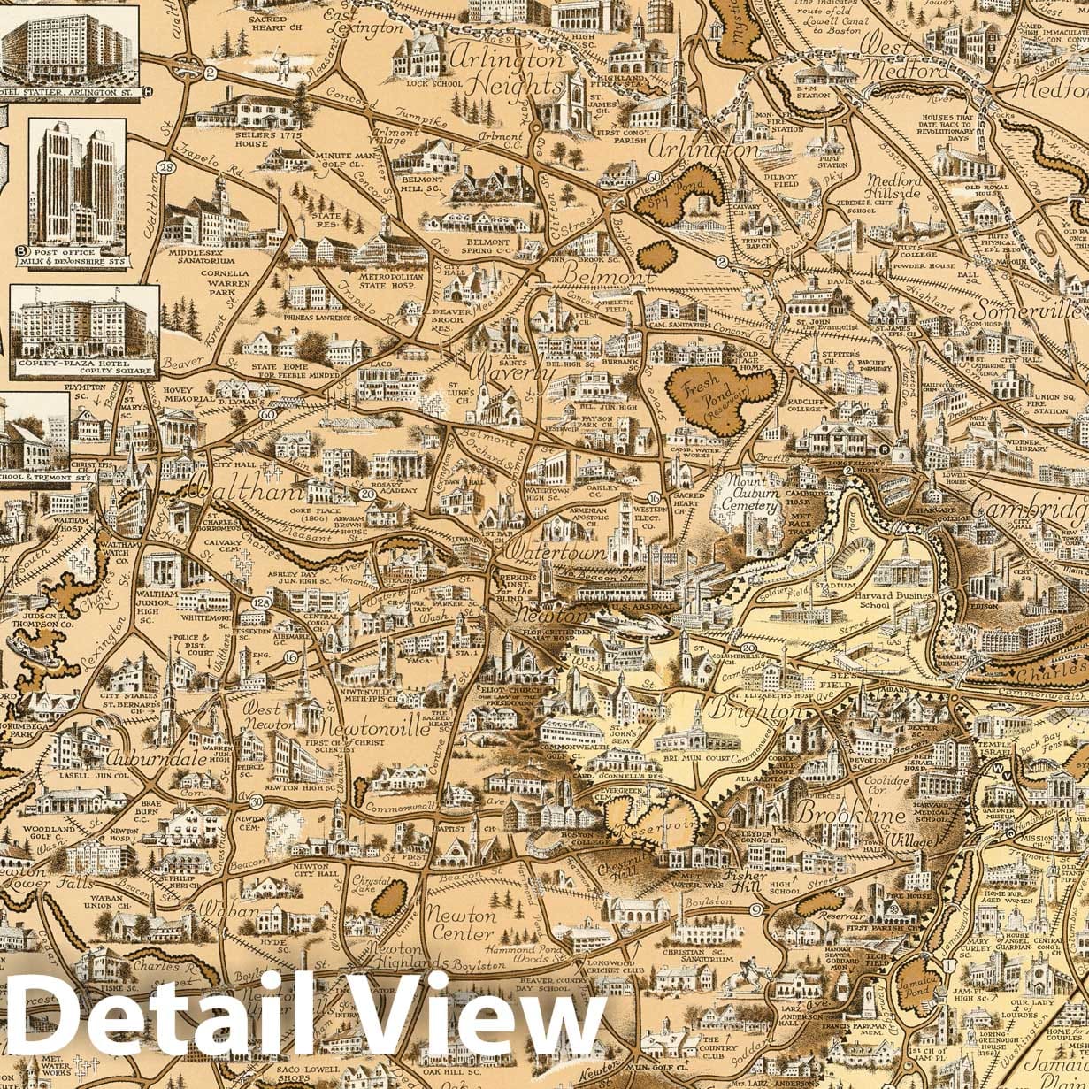 Historic Wall Map : Boston (Massachusetts) and Vicinity. A Pictorial Map, 1938 - Vintage Wall Art