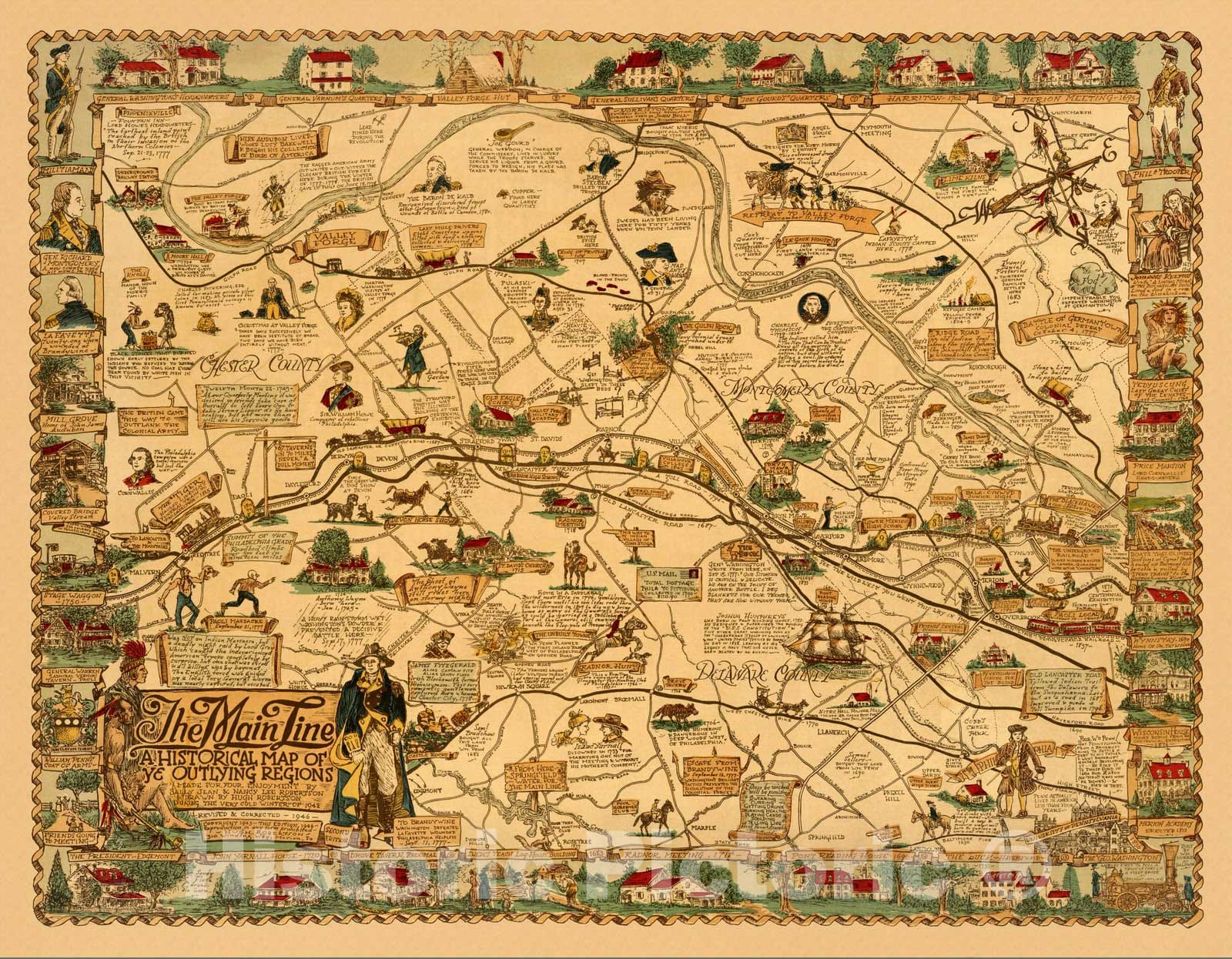 Historic Map - The Main Line: A Historical map of Ye Outlying Regions, 1946 - Vintage Wall Art