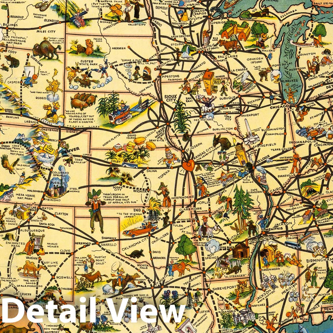 Historic Map : Good Natured Map of the United States Setting Forth the Services of The Greyhound Lines, 1940 - Vintage Wall Art