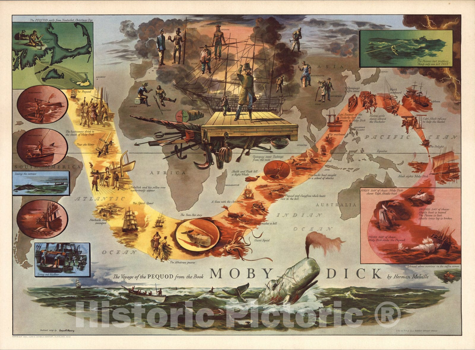 Historic Map : The Voyage of the Pequod from the Book Moby Dck by Herman Melville. 1956 - Vintage Wall Art
