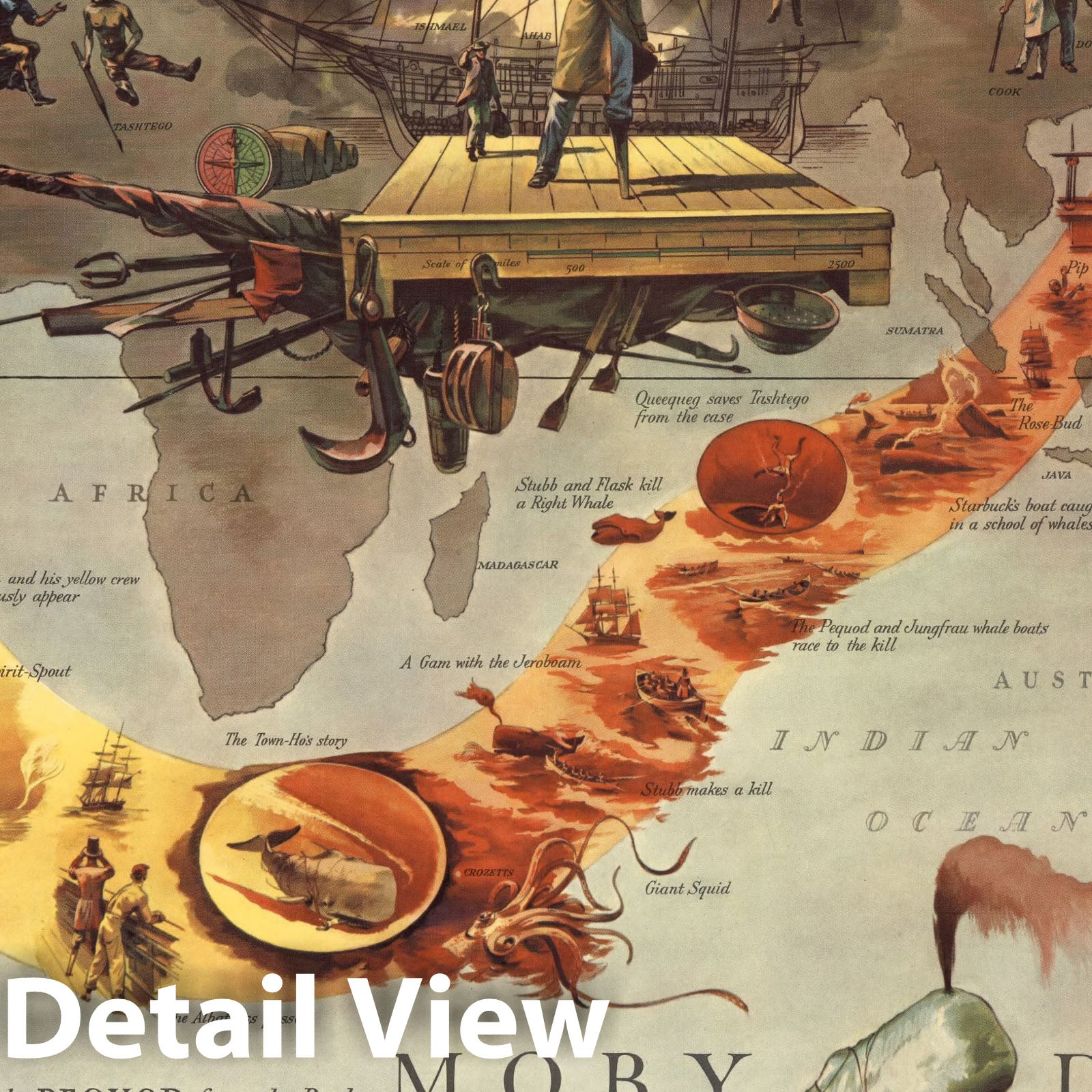 Historic Map : The Voyage of the Pequod from the Book Moby Dck by Herman Melville. 1956 - Vintage Wall Art