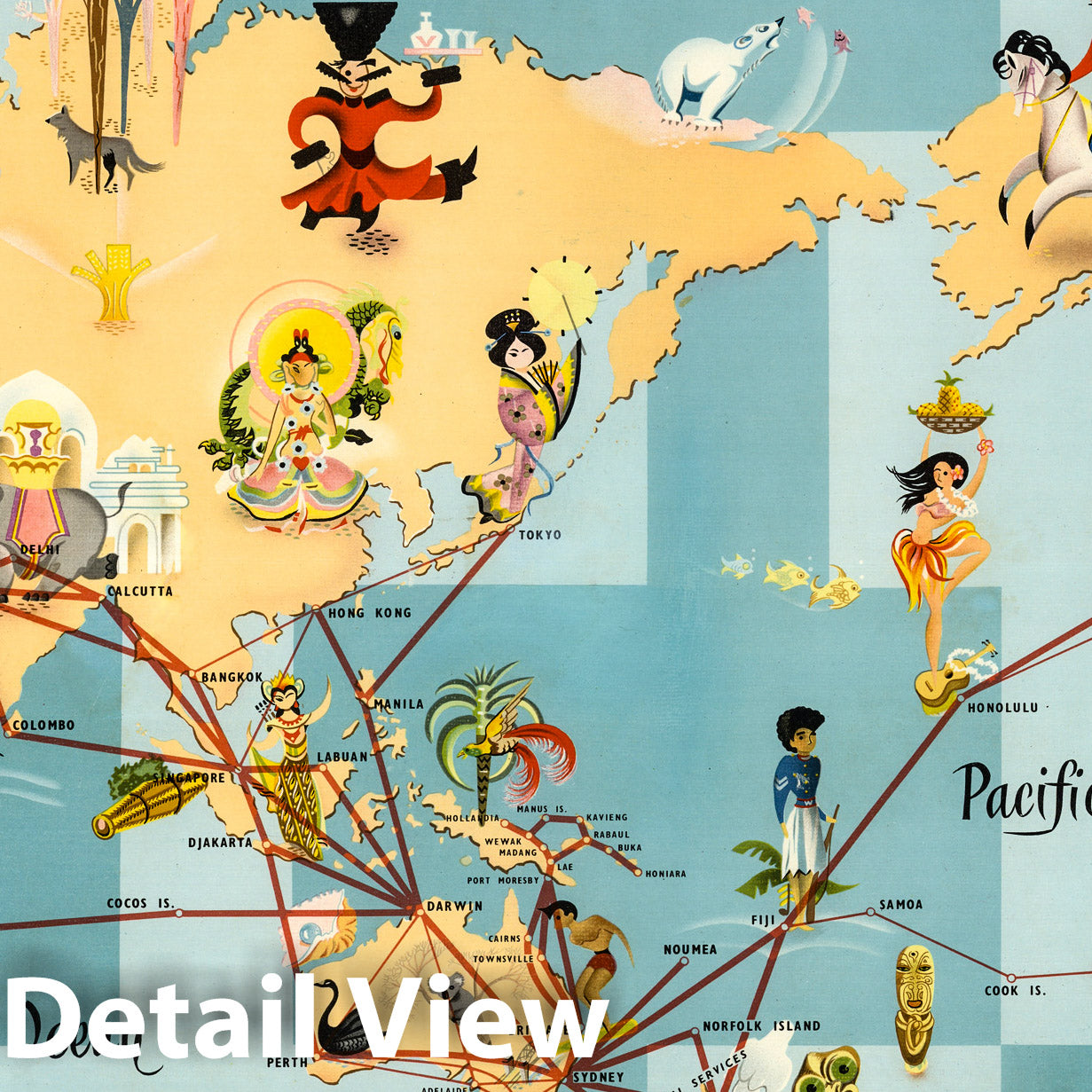 Historic Map : Qantas world routes. Anna Drew 1950 - Vintage Wall Art