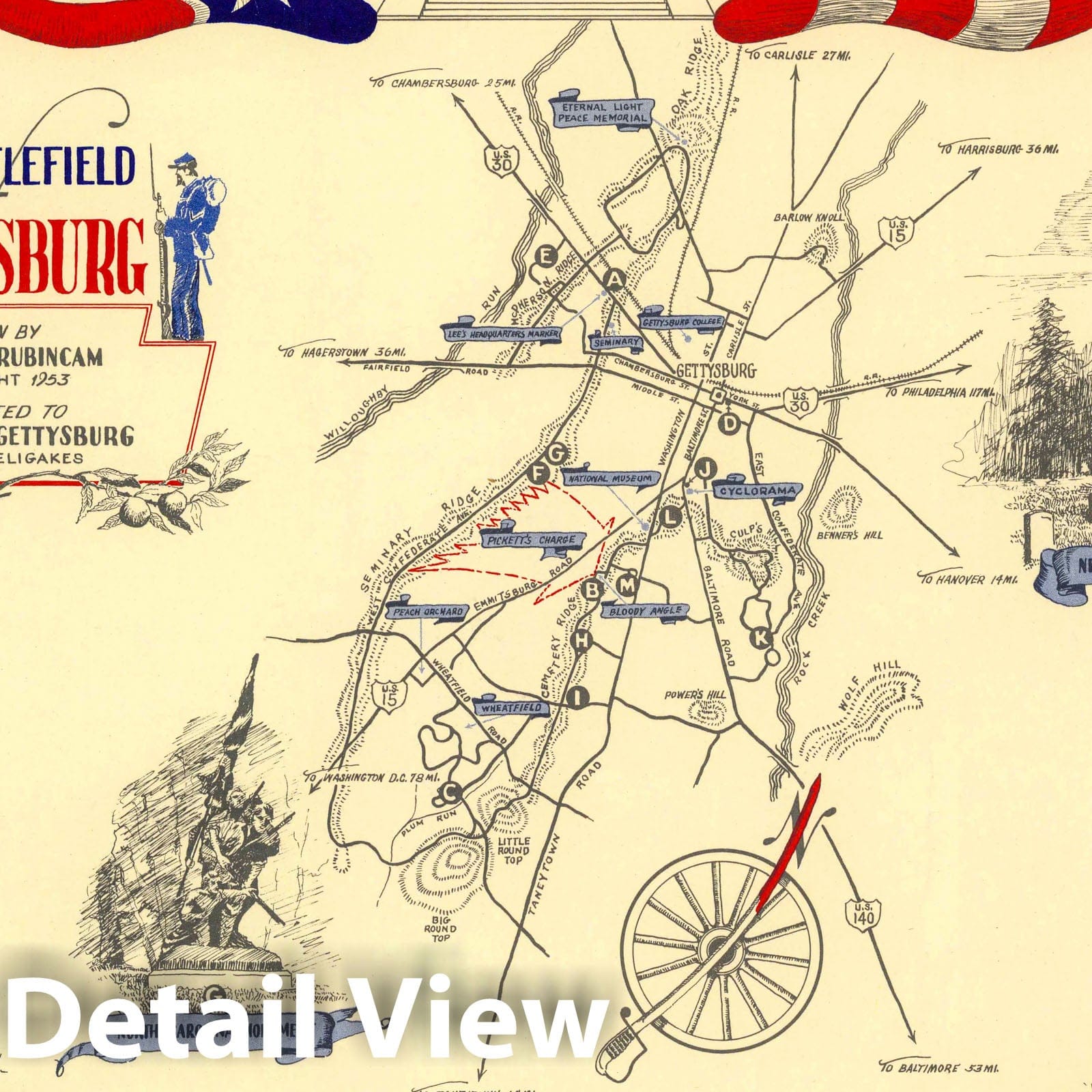 Historic Map : Battlefield of Gettysburg. 1953 - Vintage Wall Art