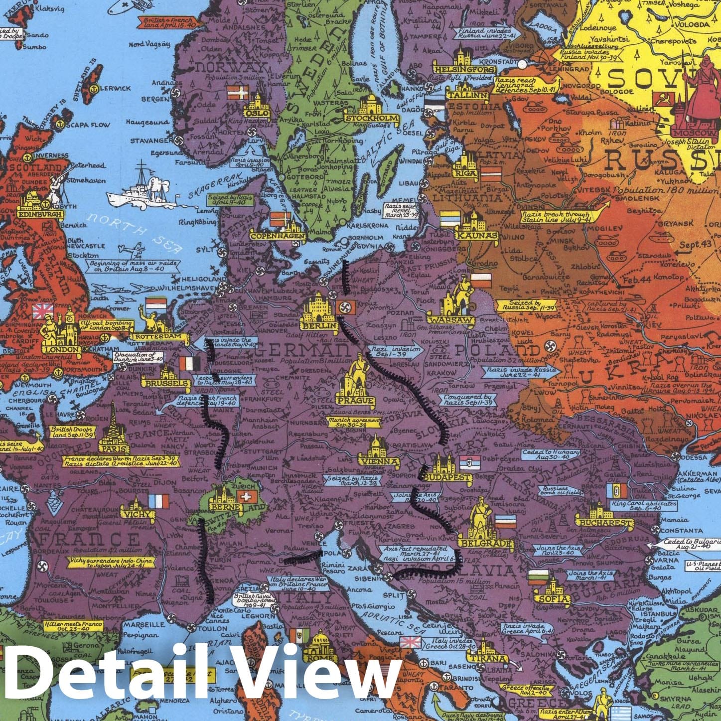World War II map. by Stanley Turner, 1943 - Vintage Wall Art
