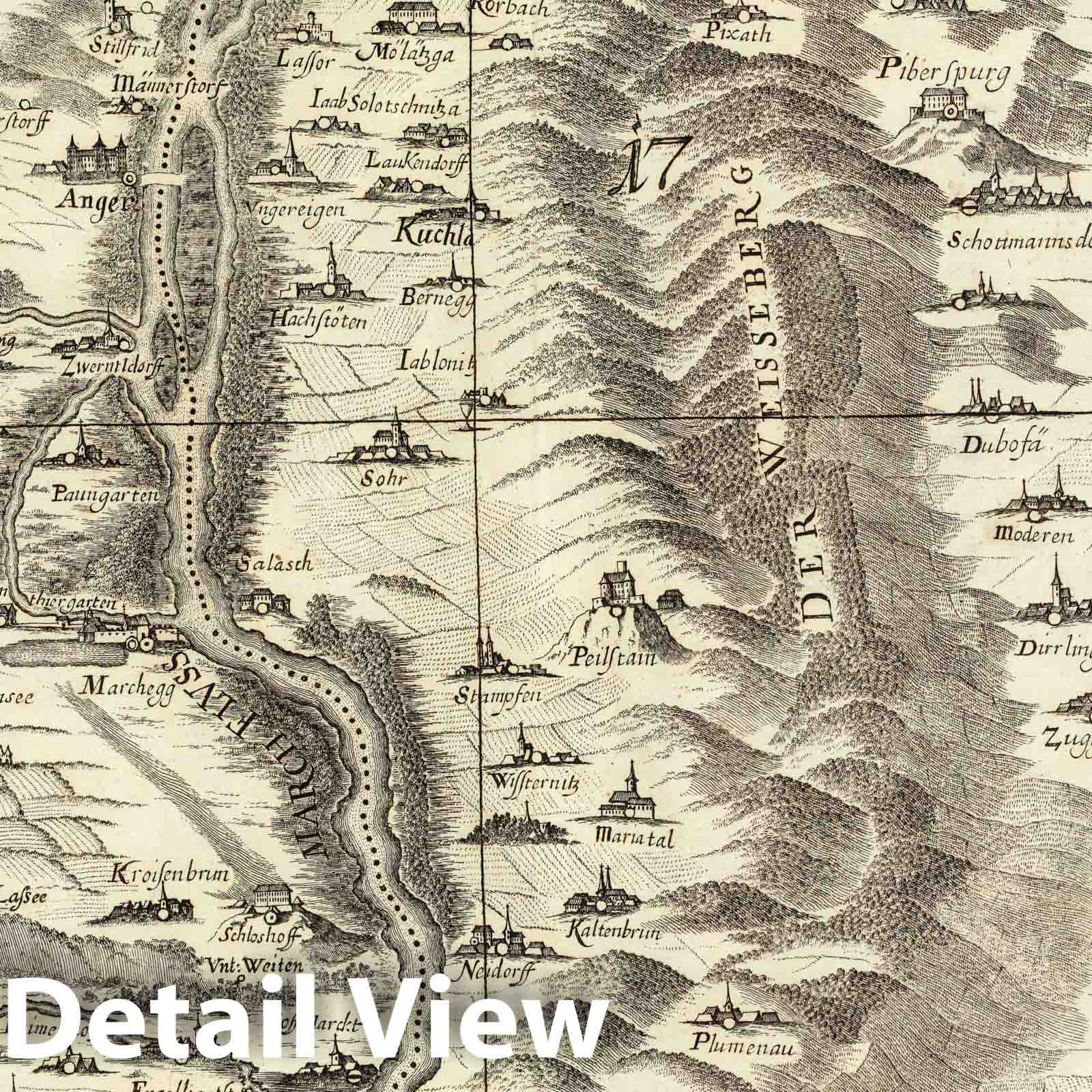 Historic Wall Map : Austria, Topographic map of lower Austria by Georg Matthaus Vischer, 8. Archiducatus Austriae inferioris 1697 , Vintage Wall Art