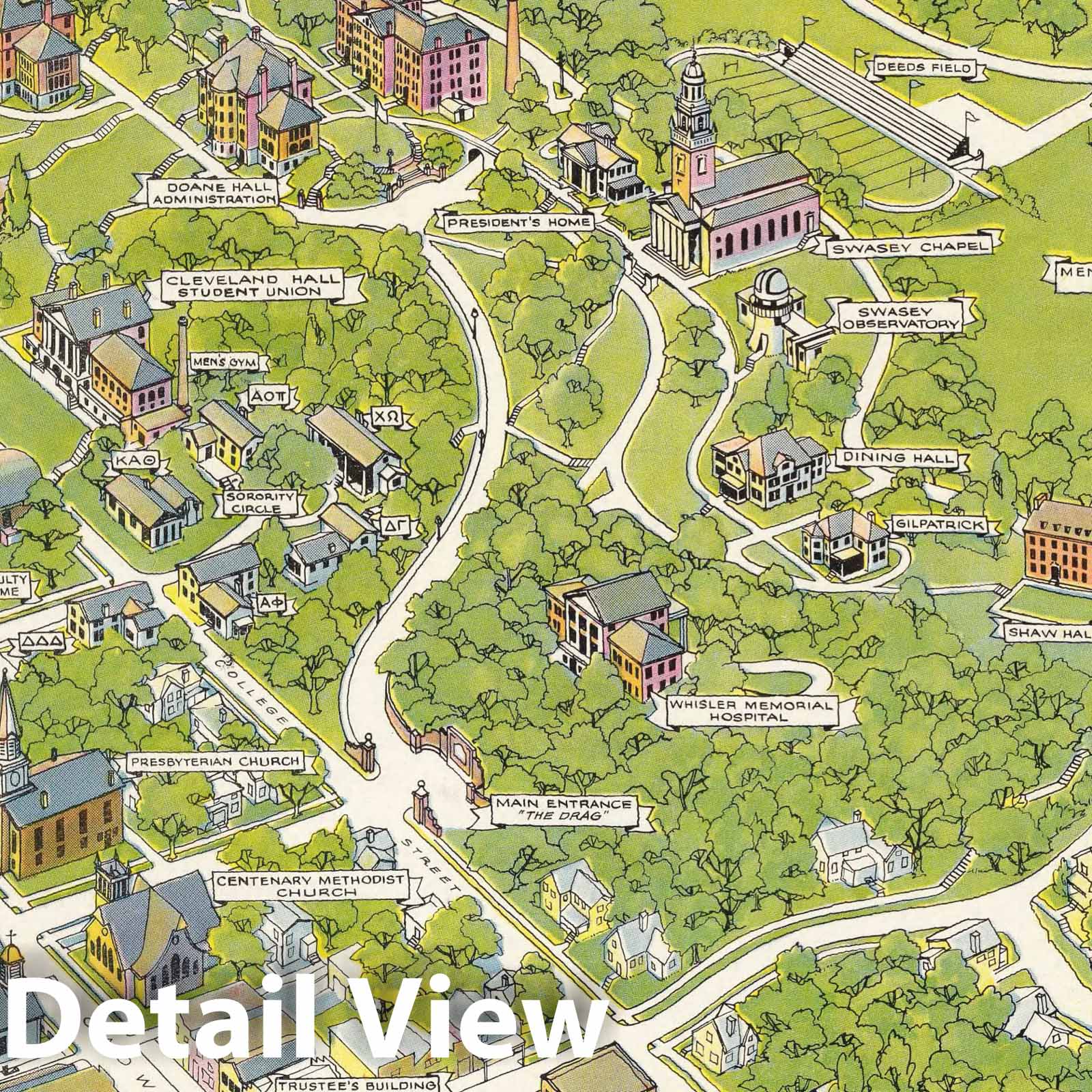 Historic Map - A view of the campus : Denison University and a portion of the village of Granville - Ohio. Horace King 1944, Historic Map - Vintage Wall Art