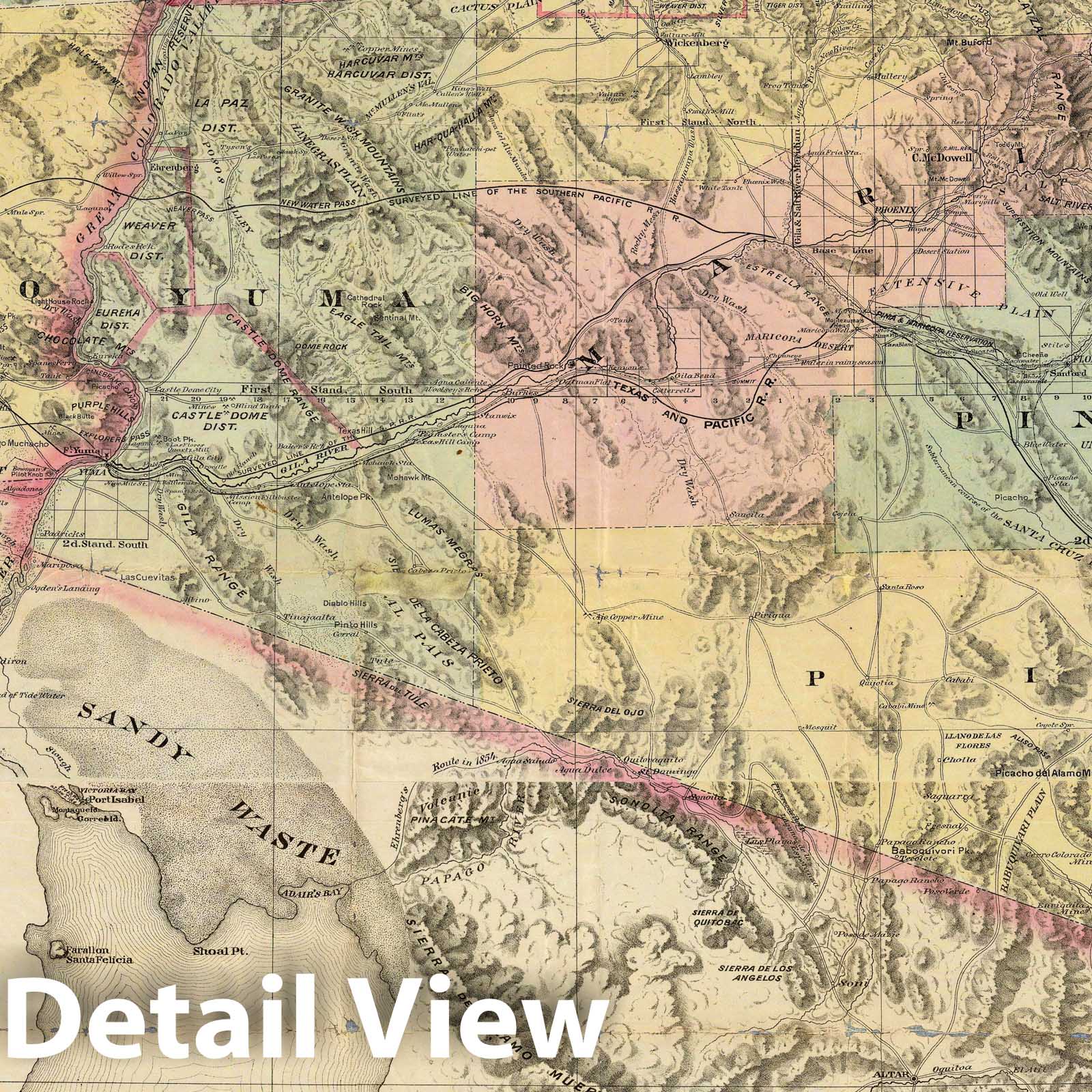 Historic Map : New Map of The Territory of Arizona, Southern California And Parts of Nevada, Utah And Sonora, 1877 - Vintage Wall Art