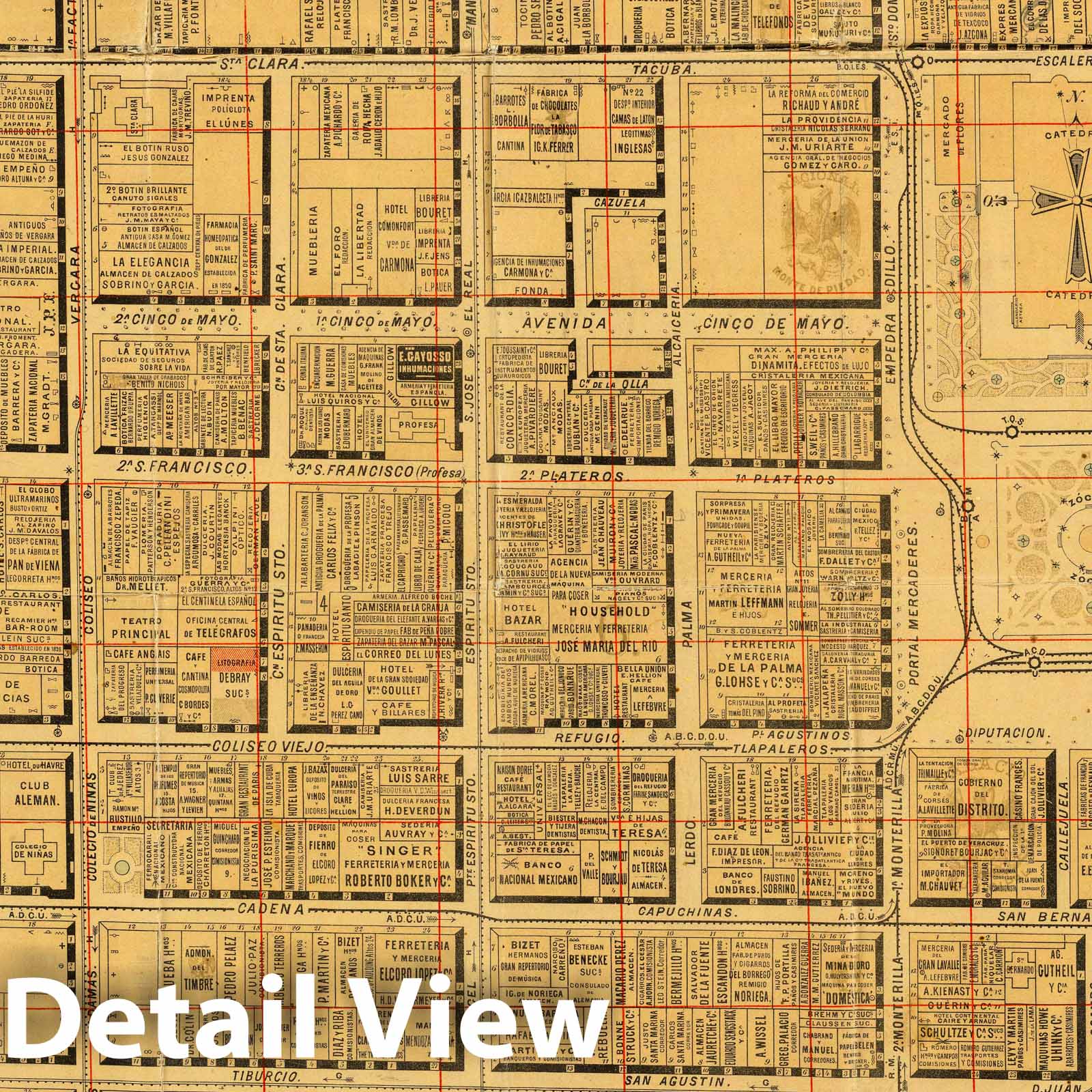 Historic Map : Mexico , City (Mexico), Pocket Map, Plano del perimetro central, directorio comerical de la Ciudad de Mexico. 1883 , Vintage Wall Art