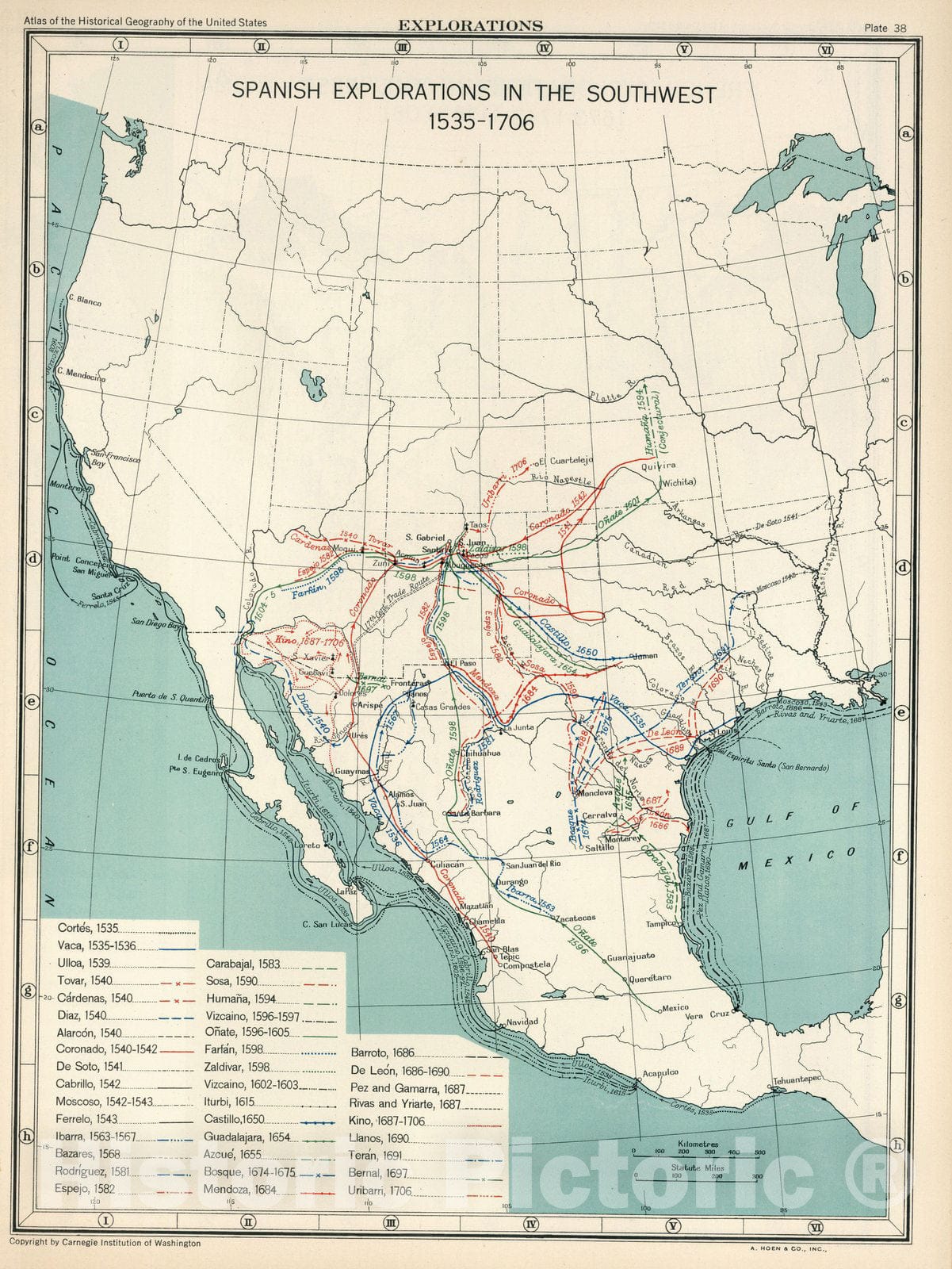 Historic Map - Historical Atlas Map, Plate 38. Explorations. Spanish Explorations in the Southwest 1535-1706. 1706 - Vintage Wall Art