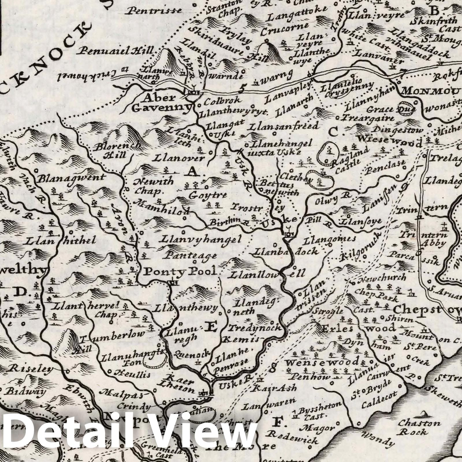 Historic Map : Monmouth Shire. By H. Moll Geographer 1724 - Vintage Wall Art