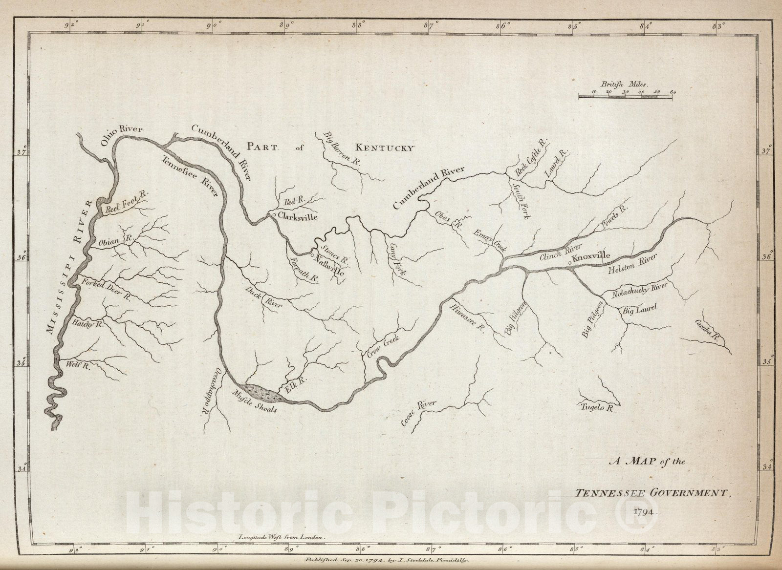 Historic Map - Map of the Tennessee Government, 1794, - Vintage Wall Art