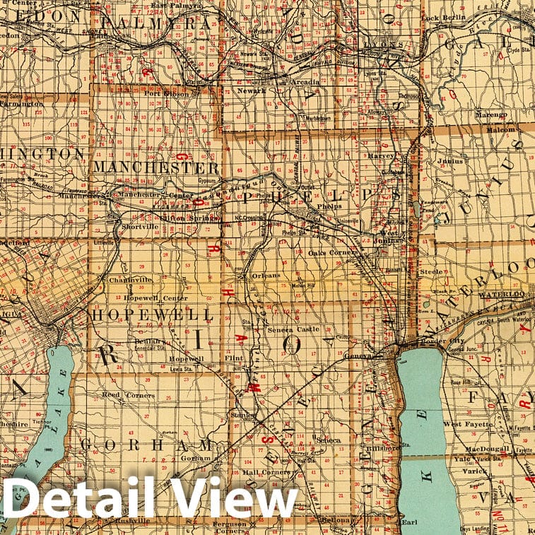 Historic Map : State Atlas Map, Wayne, Ontario, Yates, Seneca counties. 1895 - Vintage Wall Art