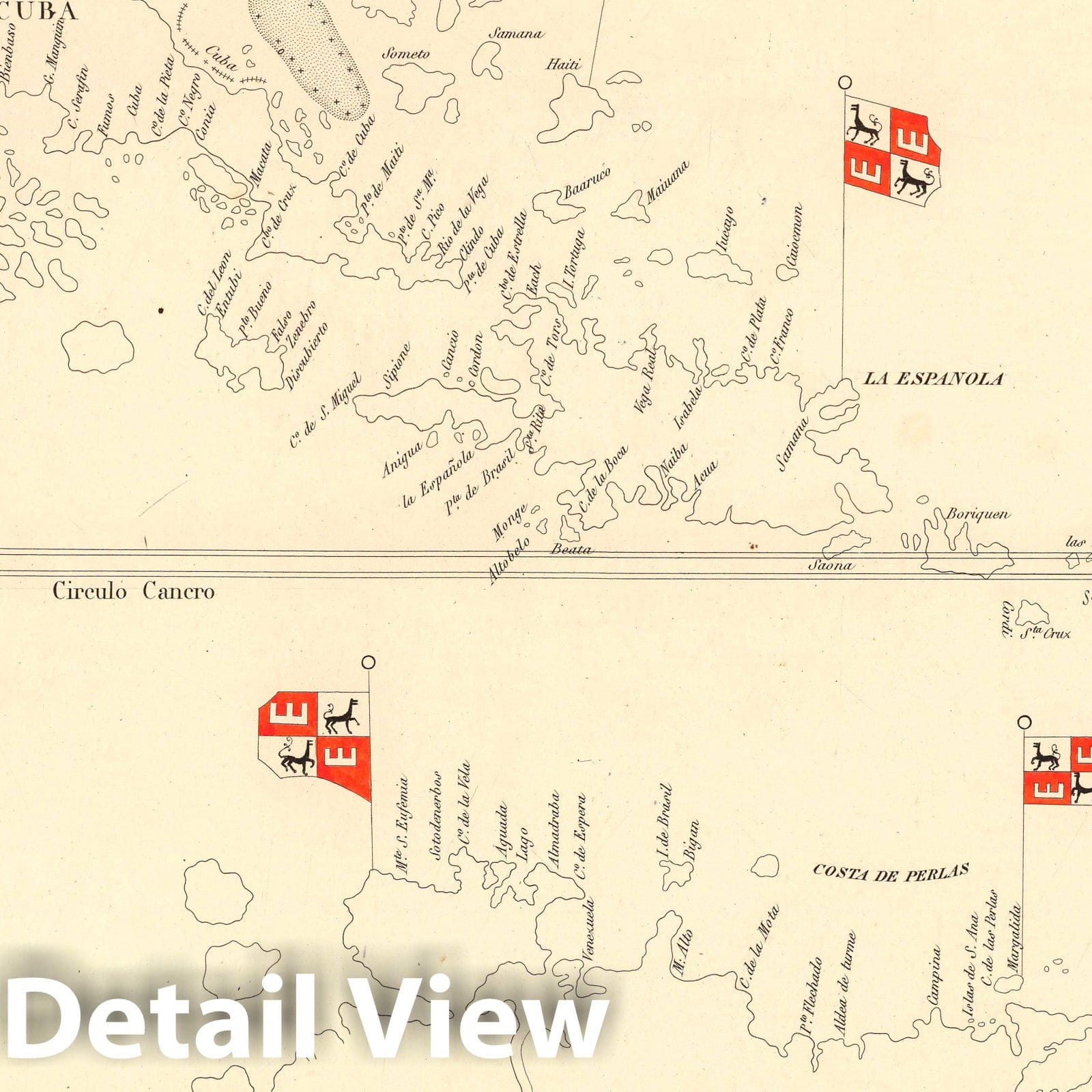 Historic Map : Caribbean, West Indies XXXIV. Fragment de lHistoric Mappemonde dessinee au Port de Santa Maria l'An 1500 par Juan de la Cosa, 1834 , Vintage Wall Art