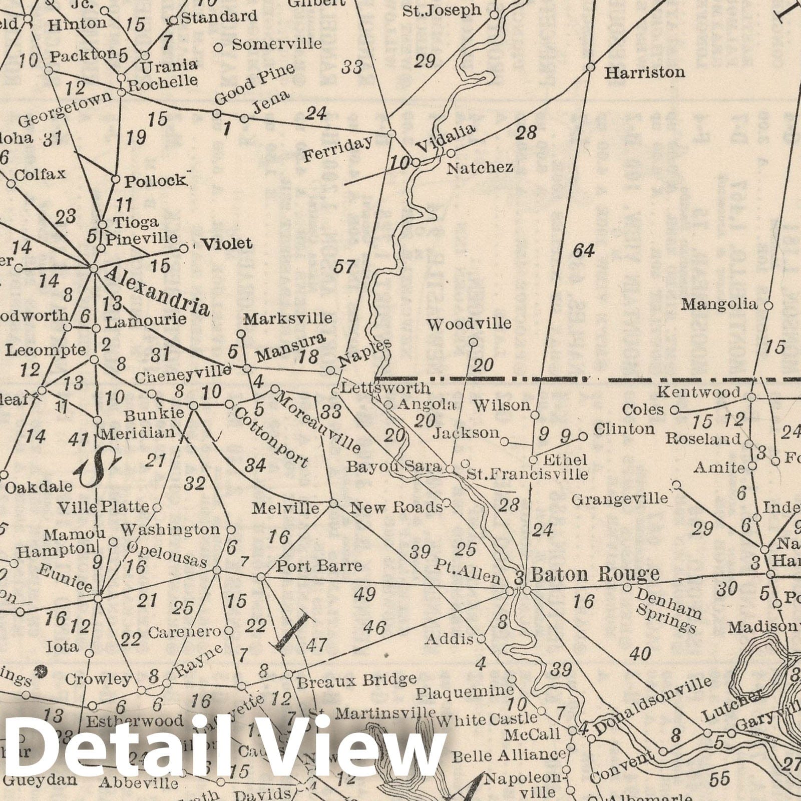 Historic Map - Railway Distance Map of the State of Louisiana, 1934, - Vintage Wall Art