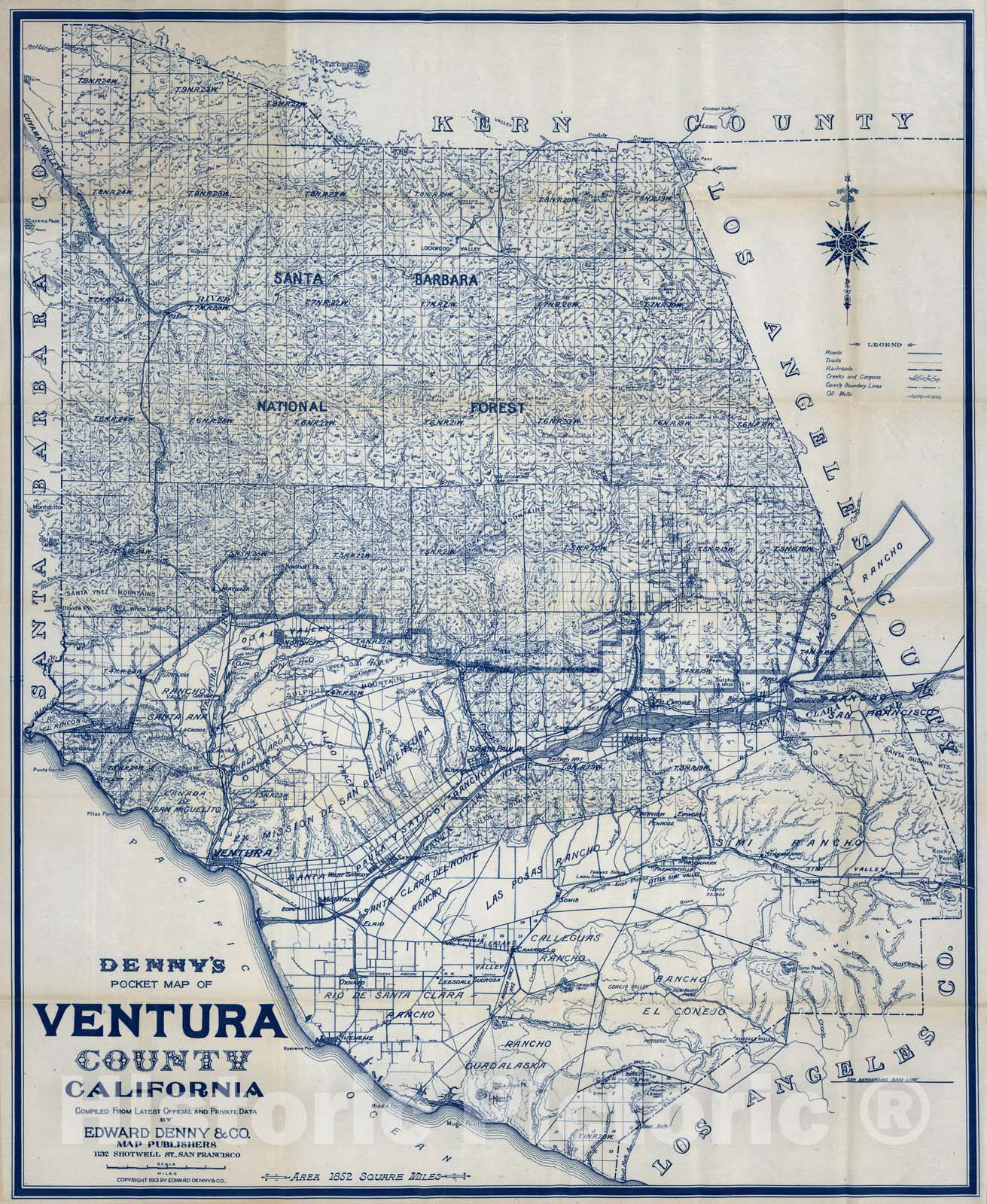 Historic Map - Pocket Map, Ventura County, California 1913 - Vintage Wall Art