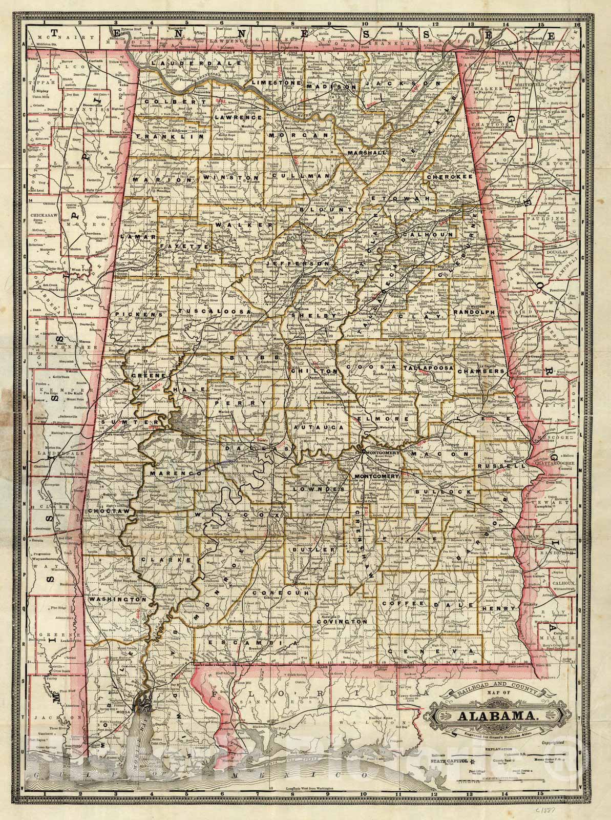 Historic Map - Railroad And County Map of Alabama, 1887 - Vintage Wall Art