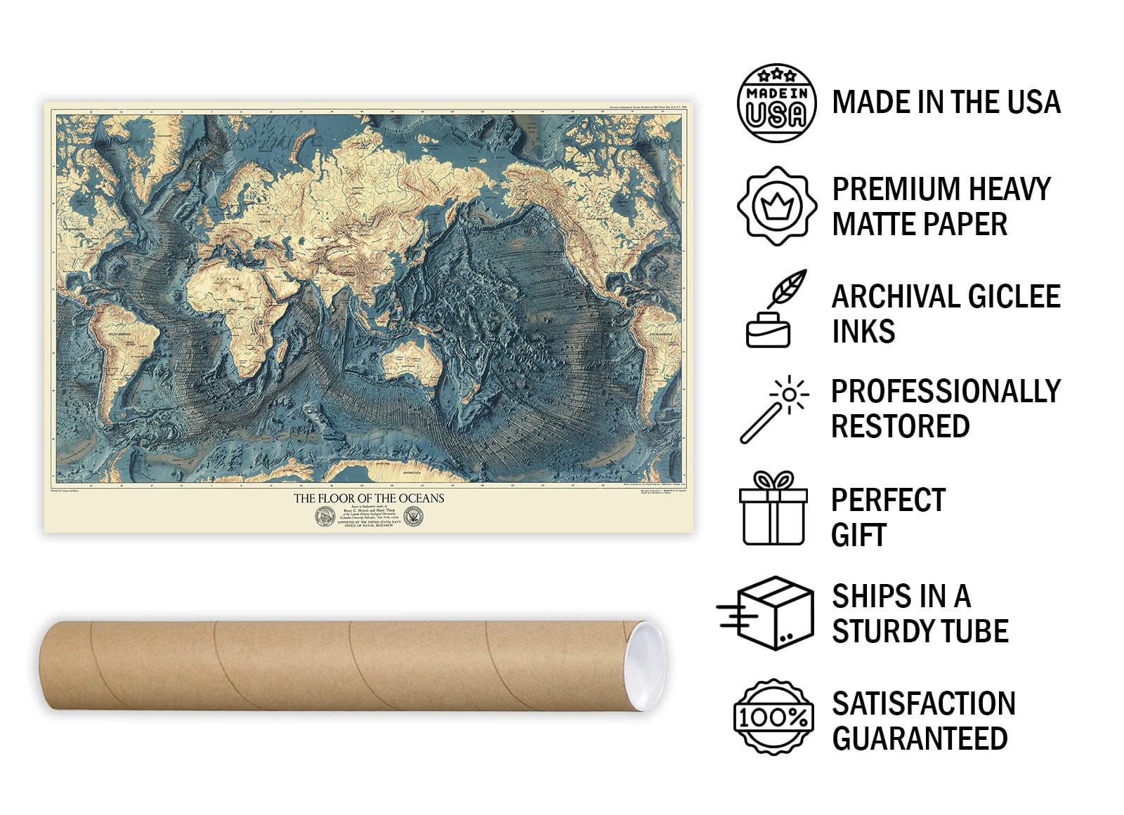 Wall Map, World - Ocean Floors and Land Relief. 1976 - Vintage Wall Art